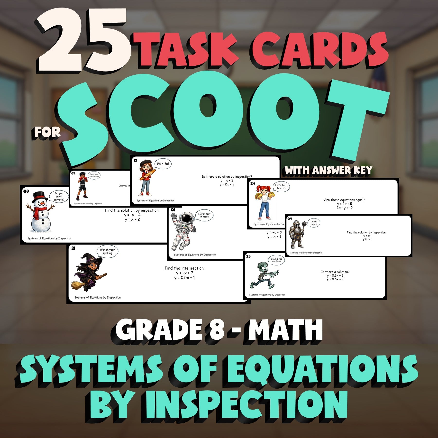 Systems of Equations by Inspection SCOOT TASK CARDS Math Game - No Prep Grade 8
