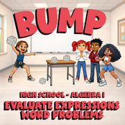 Evaluate Expressions Word Problems BUMP Math Game - No Prep Algebra 1 Review
