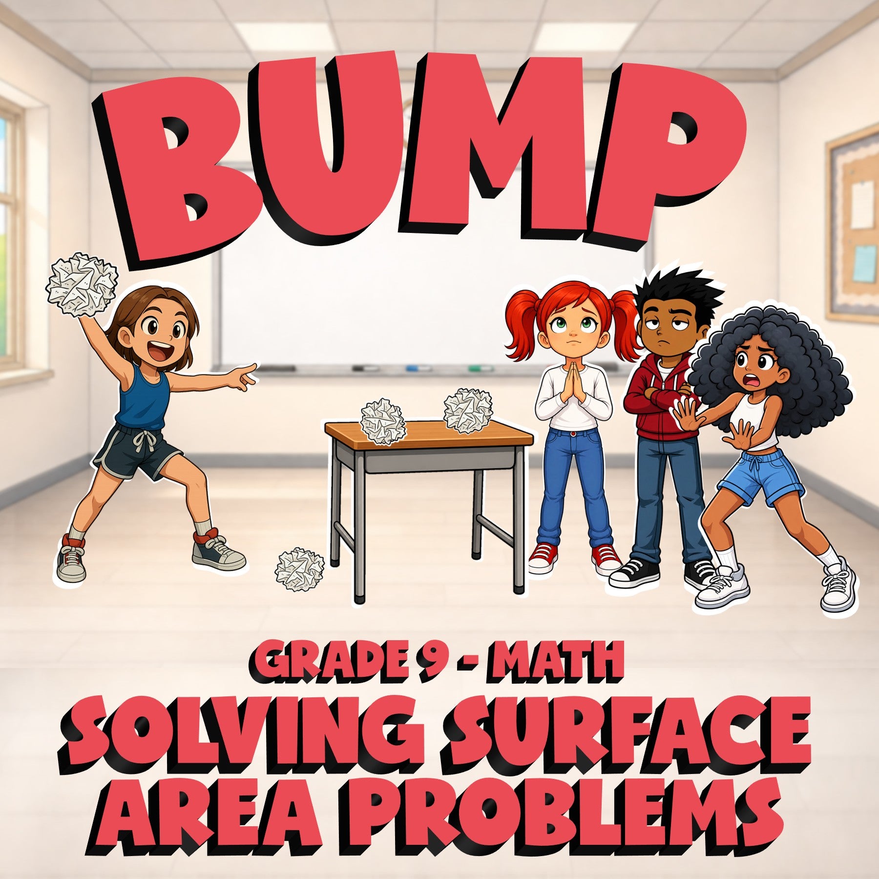 Solving Surface Area Problems BUMP Math Game - No Prep Grade 9 Review Activity