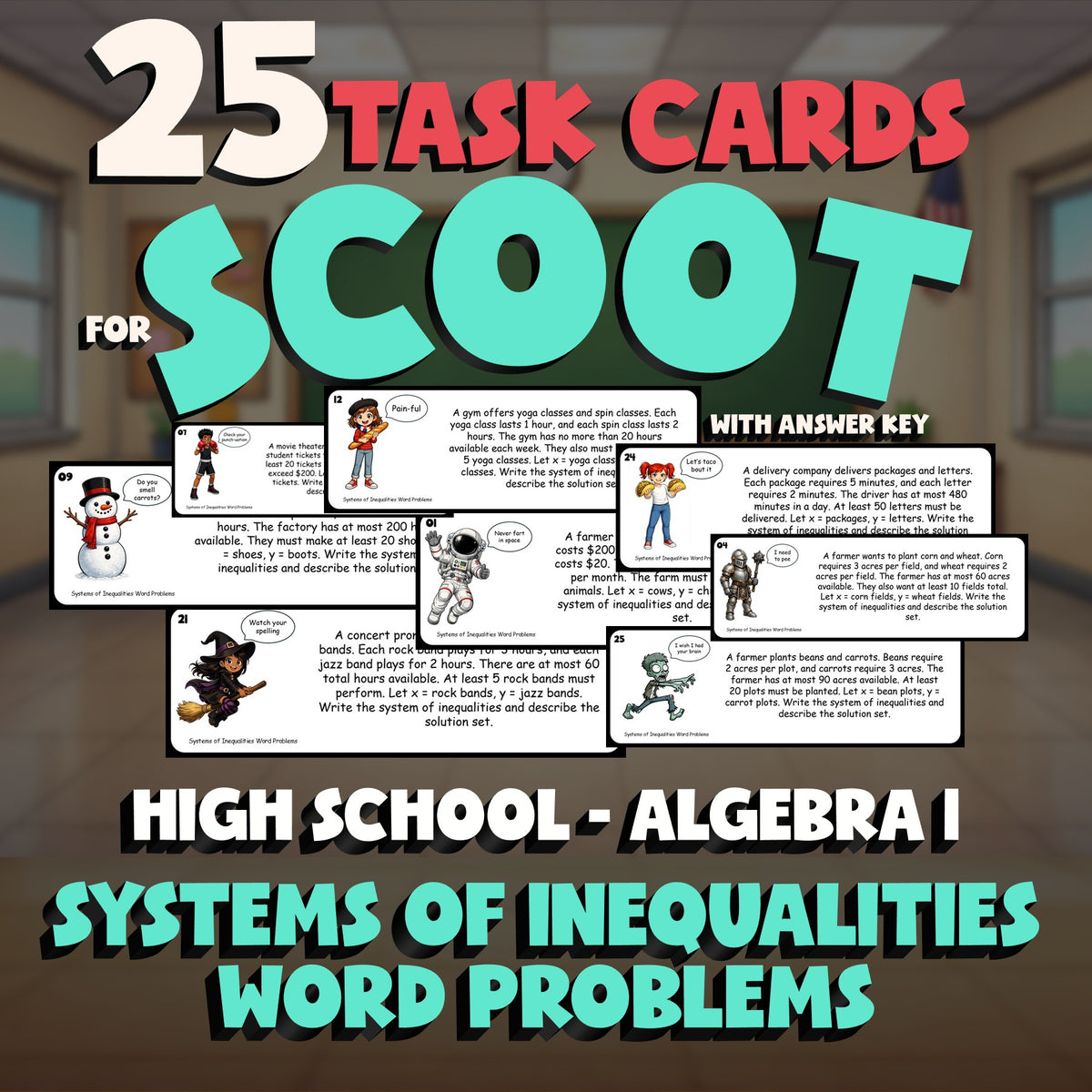 Systems of Inequalities Word Problems SCOOT TASK CARDS Math Game - Algebra 1