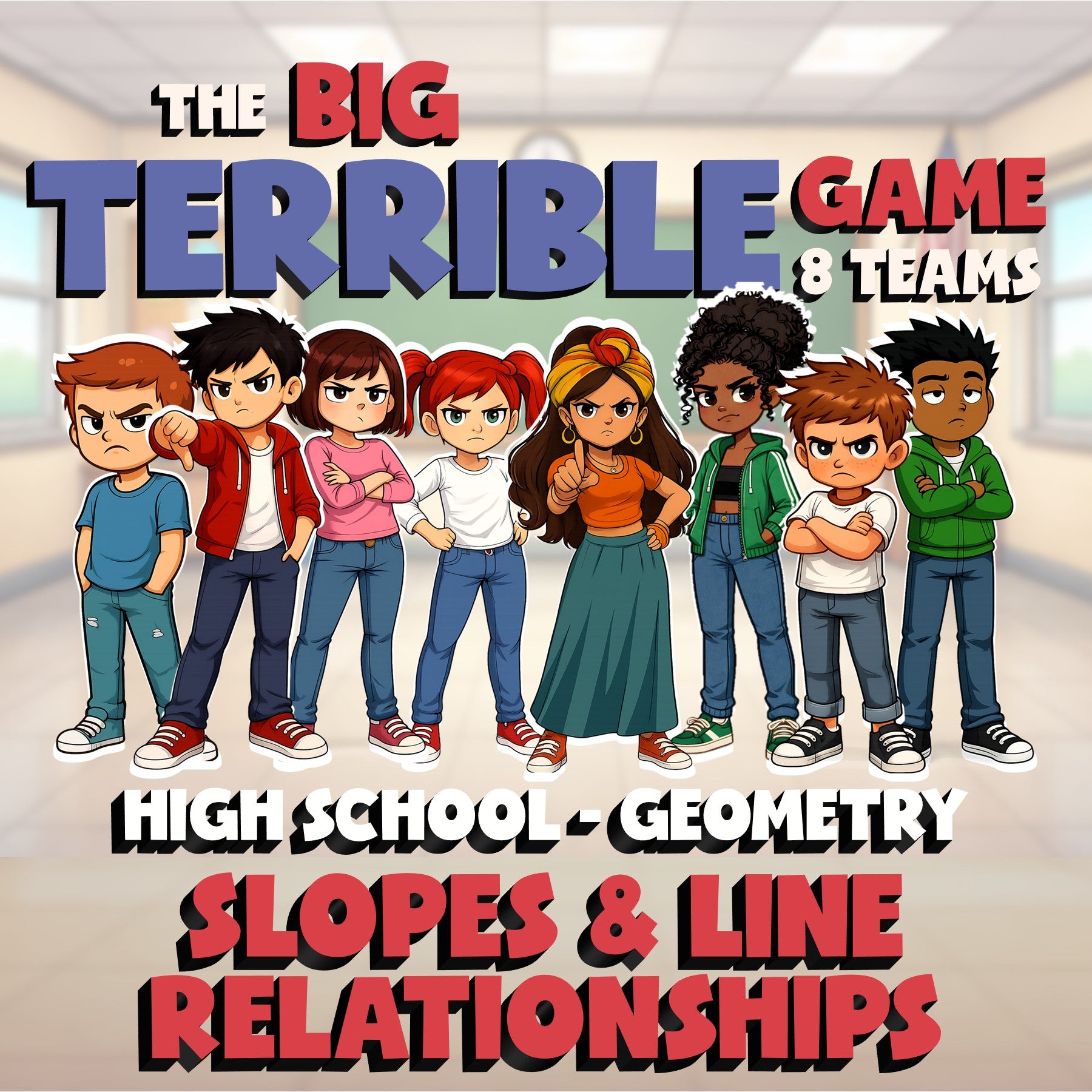 Slopes & Line Relationships BIG TERRIBLE GAME - No Prep Geometry Math Review