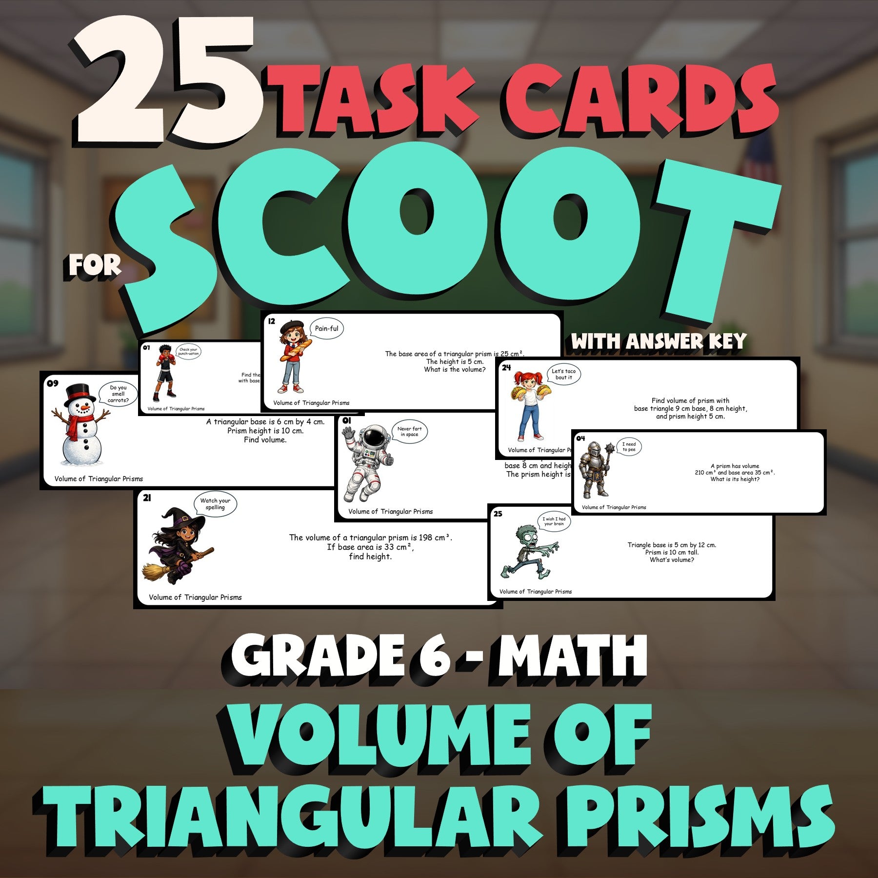 Volume of Triangular Prisms SCOOT TASK CARDS Math Game - No Prep Grade 6 Review
