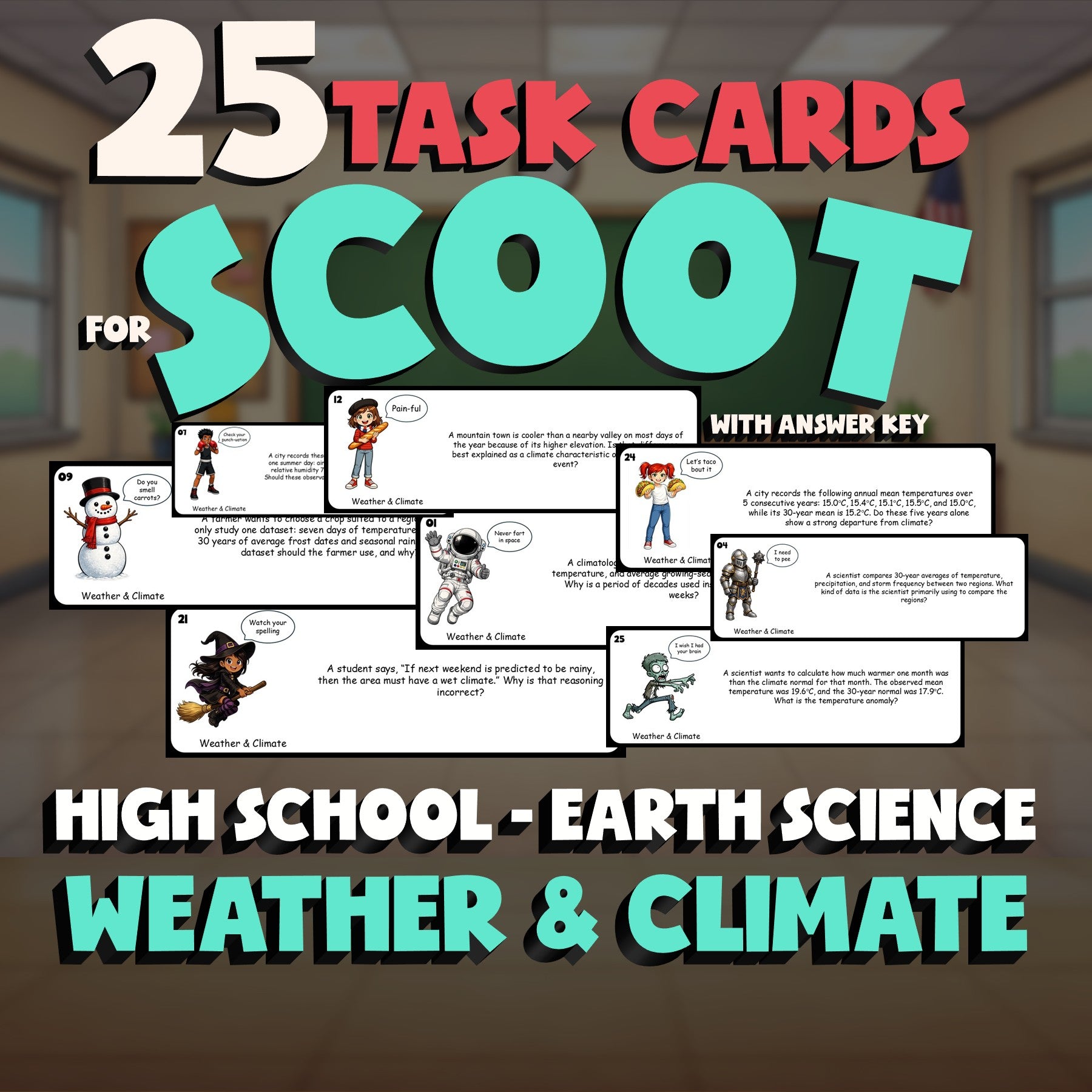 Weather & Climate SCOOT TASK CARDS Game - No Prep Earth Science Review Activity