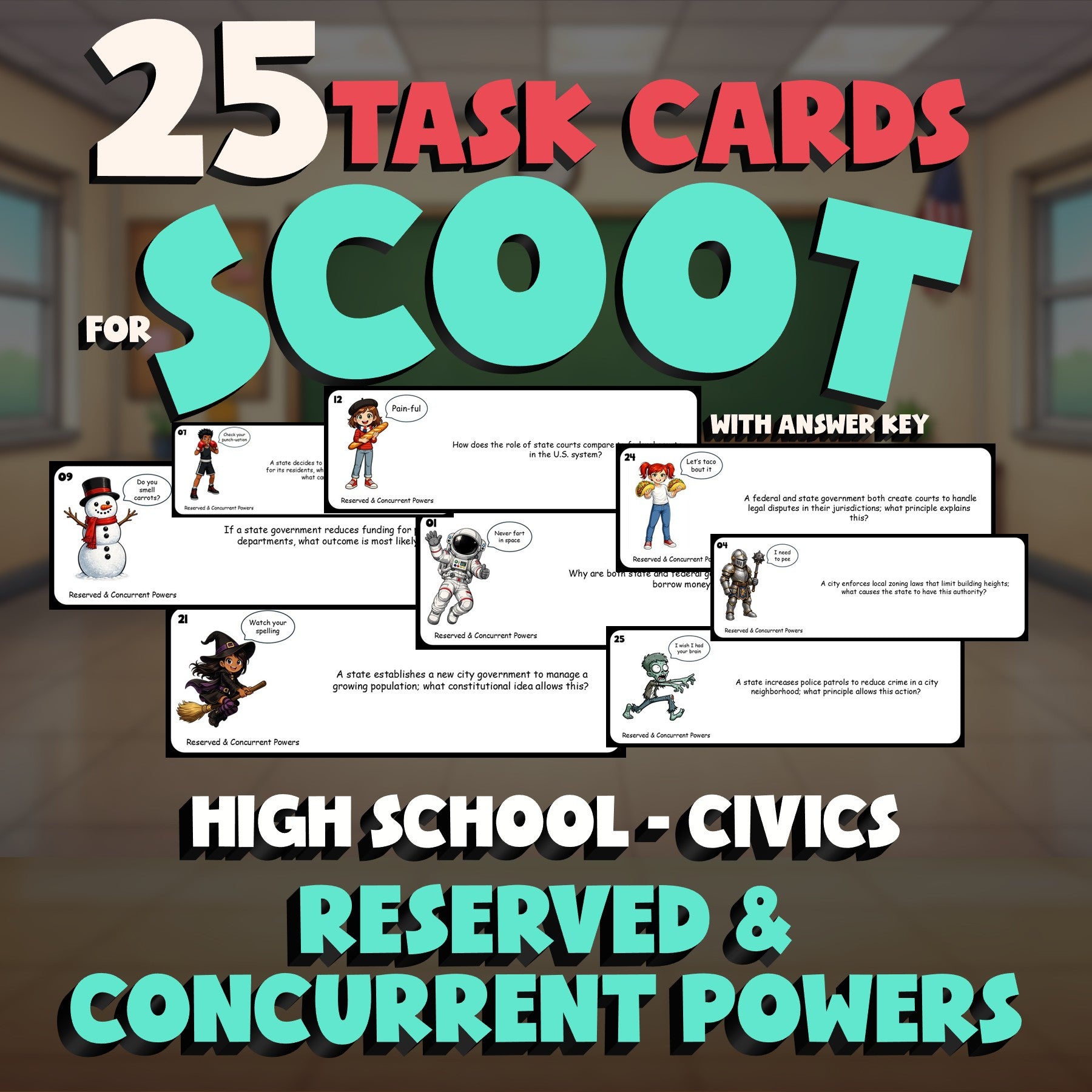Reserved & Concurrent Powers SCOOT TASK CARDS Civics Game - No Prep Review