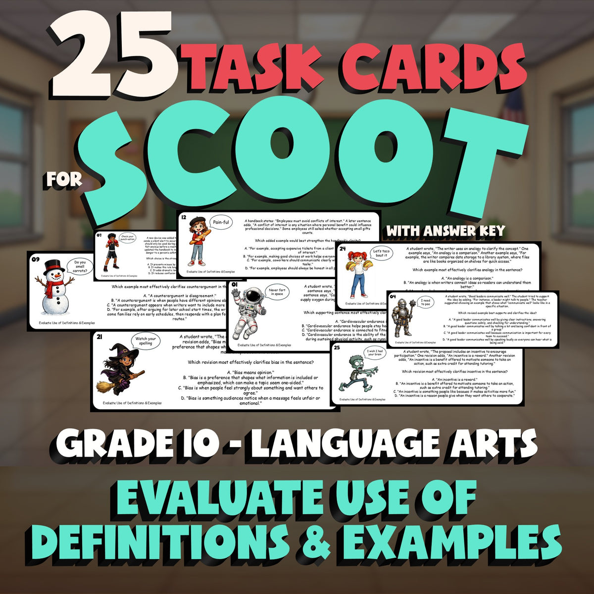 Evaluate Use of Definitions & Examples SCOOT TASK CARDS ELA Game - Grade 10