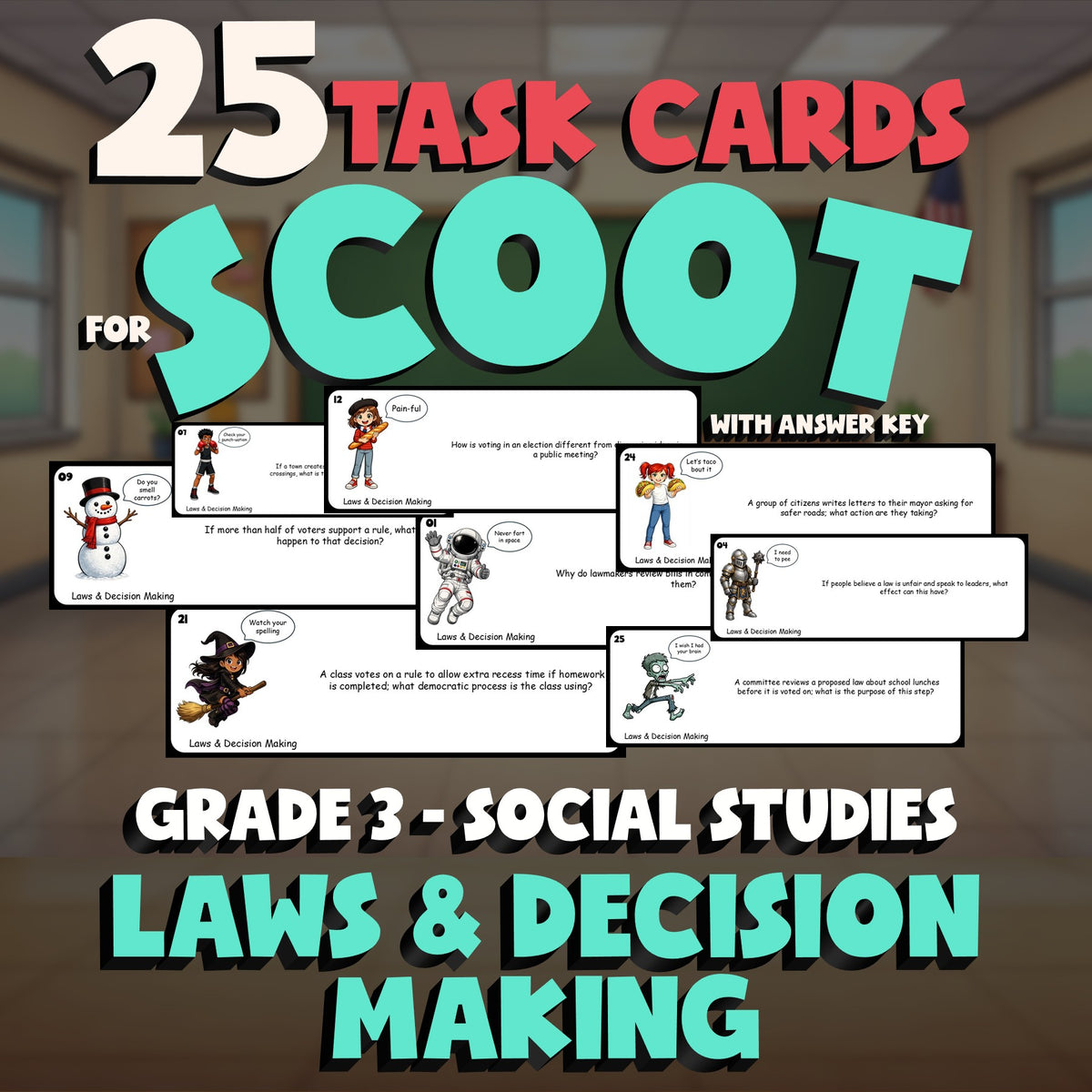 Laws & Decision Making SCOOT TASK CARDS Socials Game - No Prep Grade 3 Review