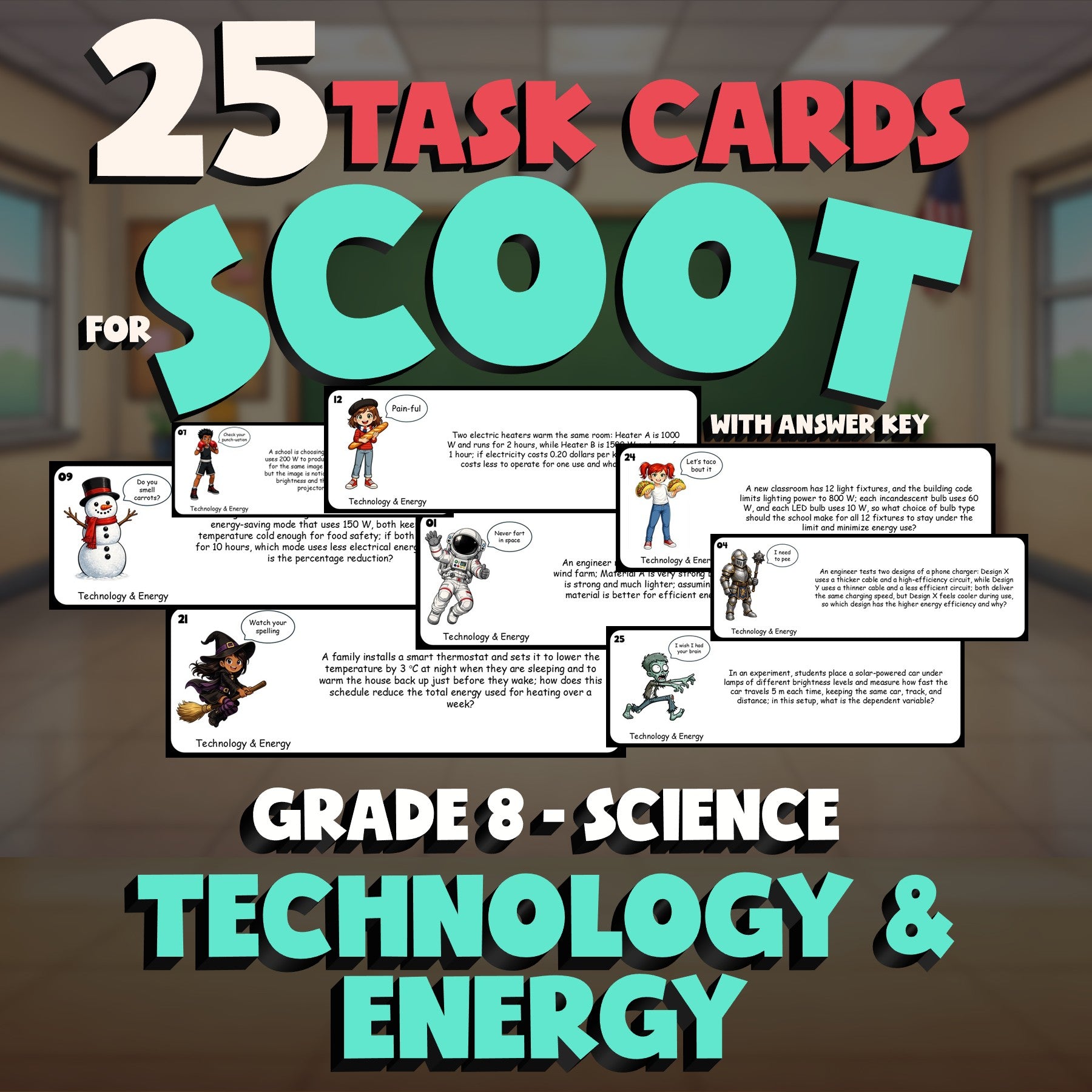 Technology & Energy SCOOT TASK CARDS Science Game - No Prep Grade 8 Review