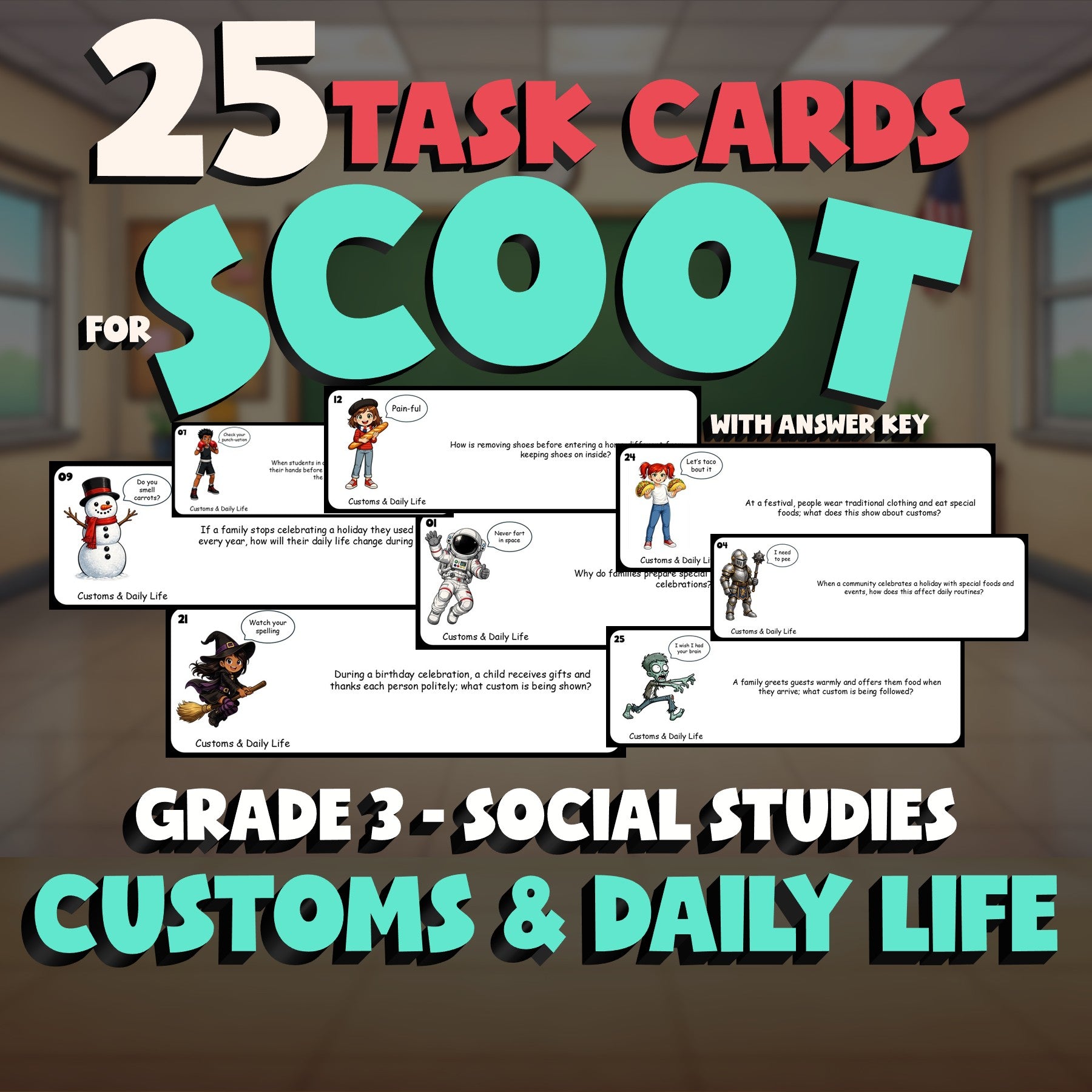 Customs & Daily Life SCOOT TASK CARDS Socials Game - No Prep Grade 3 Review