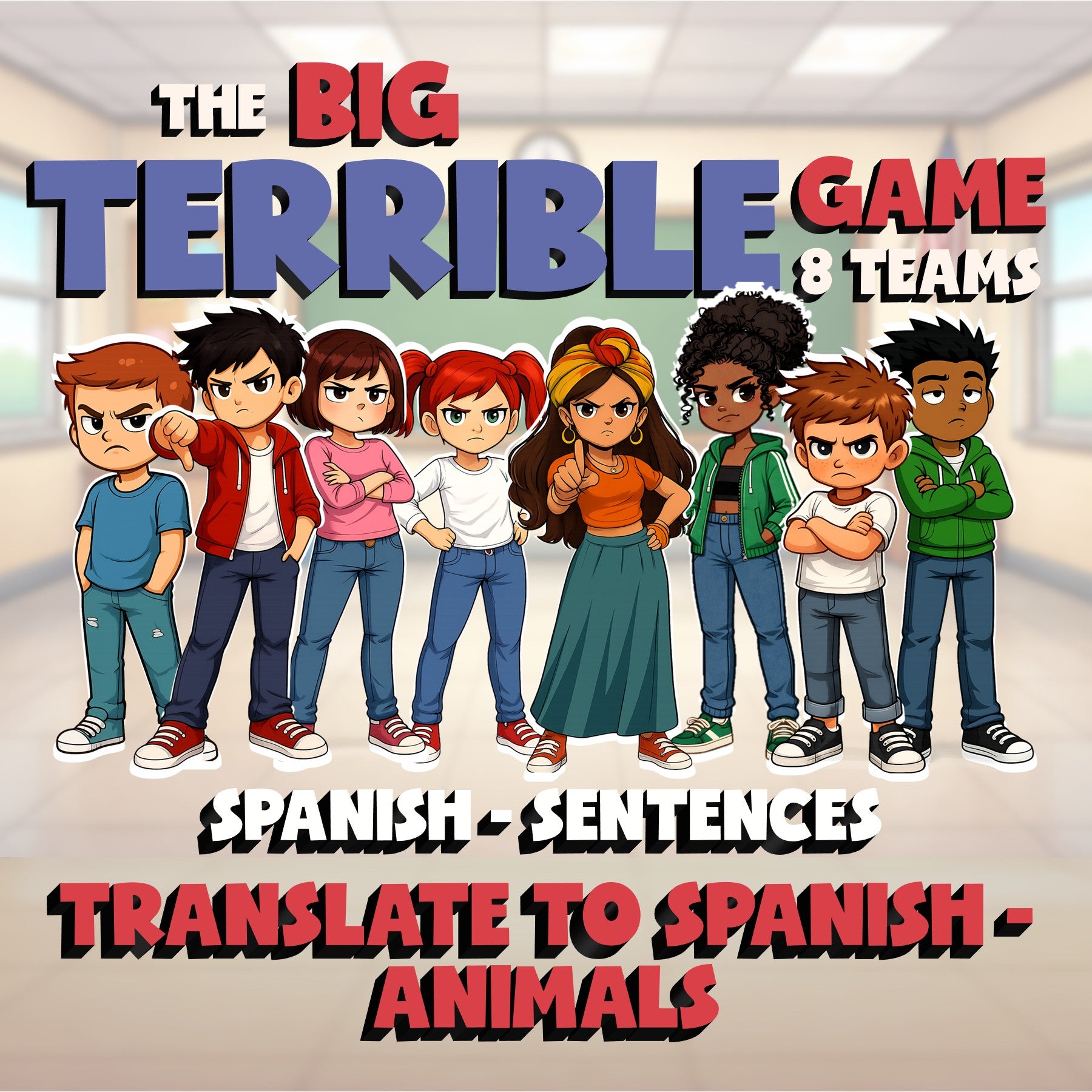 Translate to Spanish - Animals BIG TERRIBLE GAME - No Prep Spanish Exercise