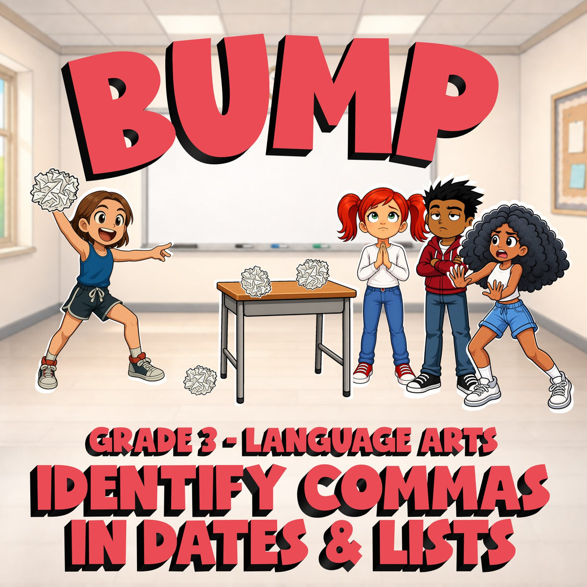 Identify Commas in Dates & Lists BUMP ELA Game - No Prep Grade 3 Review Activity