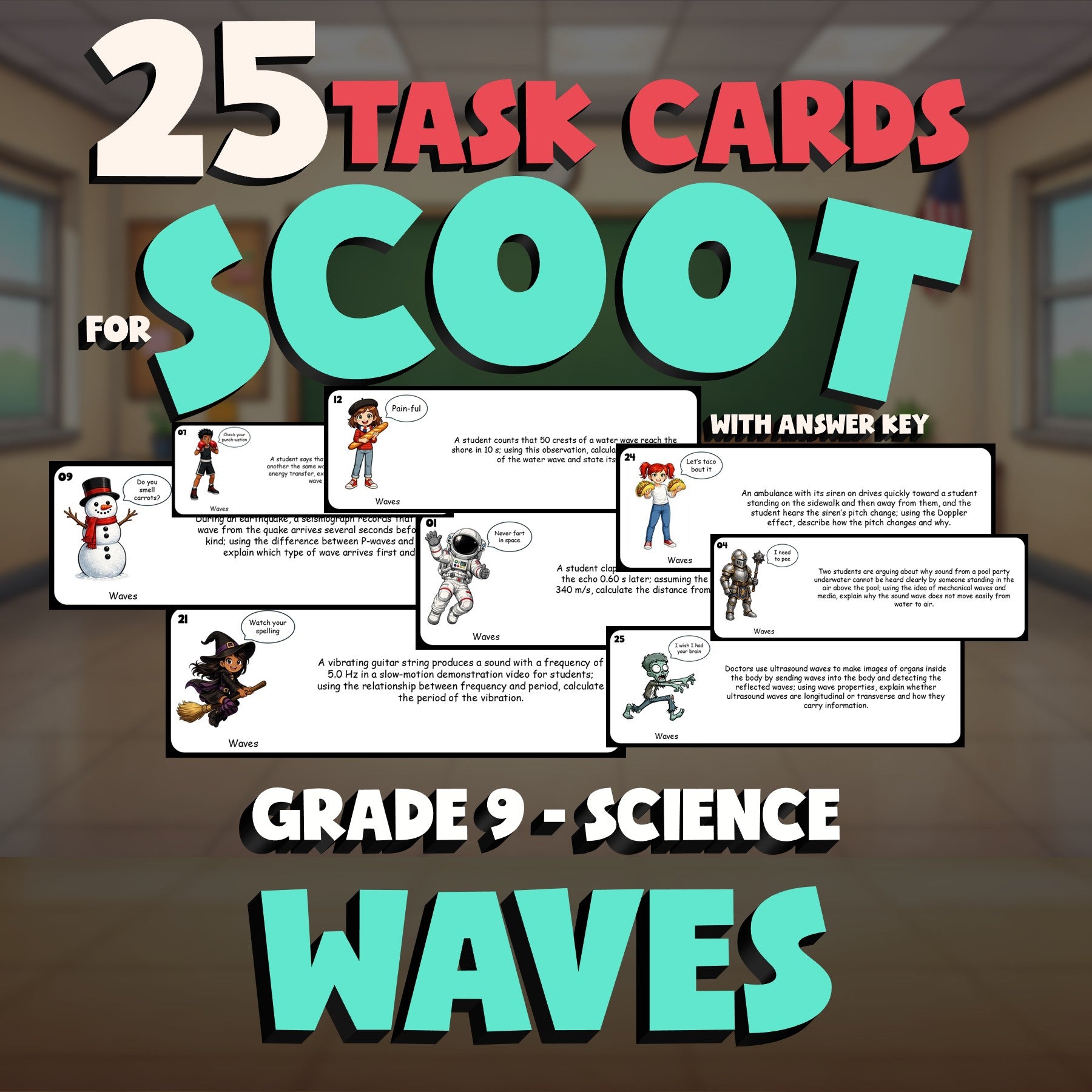 Waves SCOOT TASK CARDS Science Game - No Prep Grade 9 Review Activity
