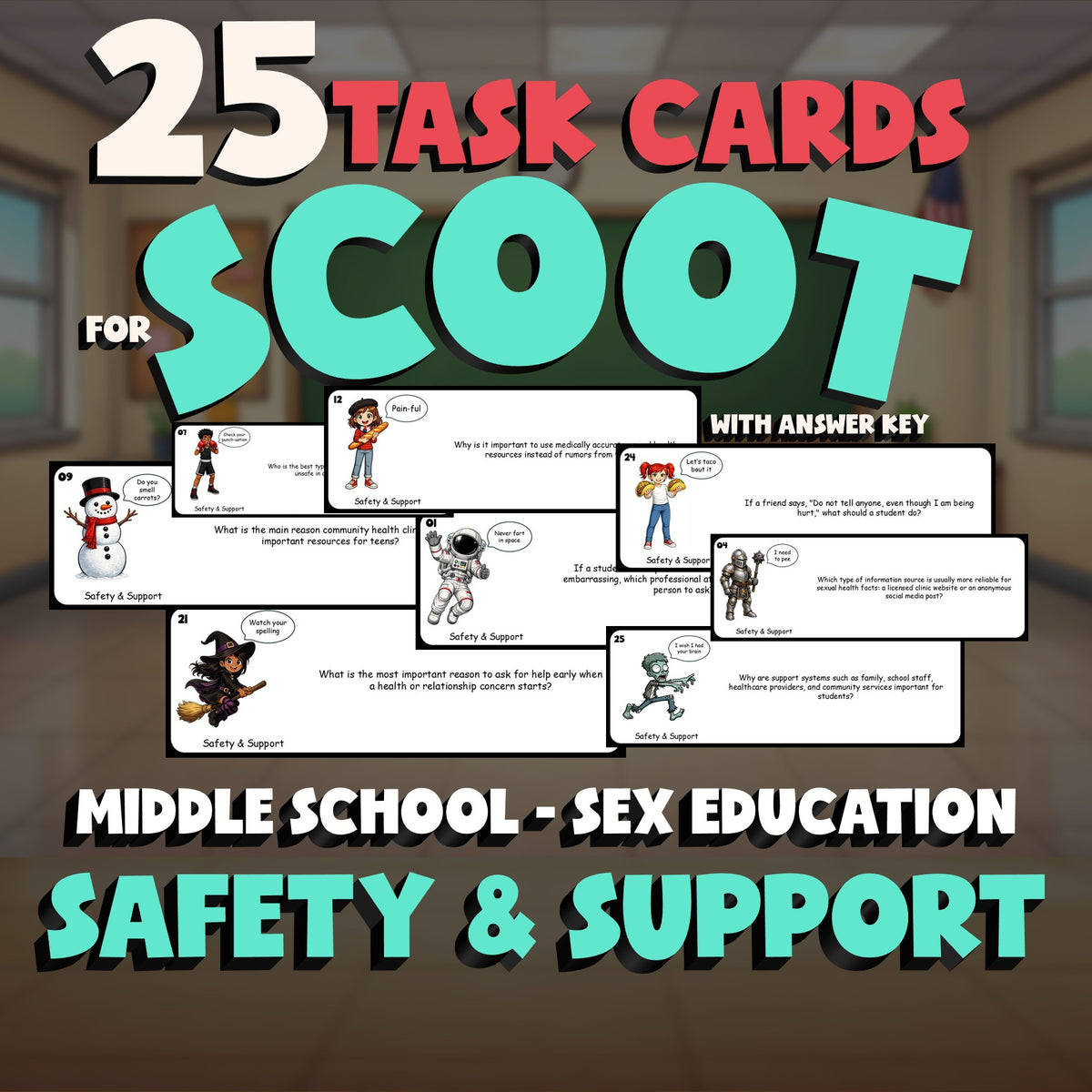 Safety & Support SCOOT TASK CARDS Game - No Prep Middle School Sex Education