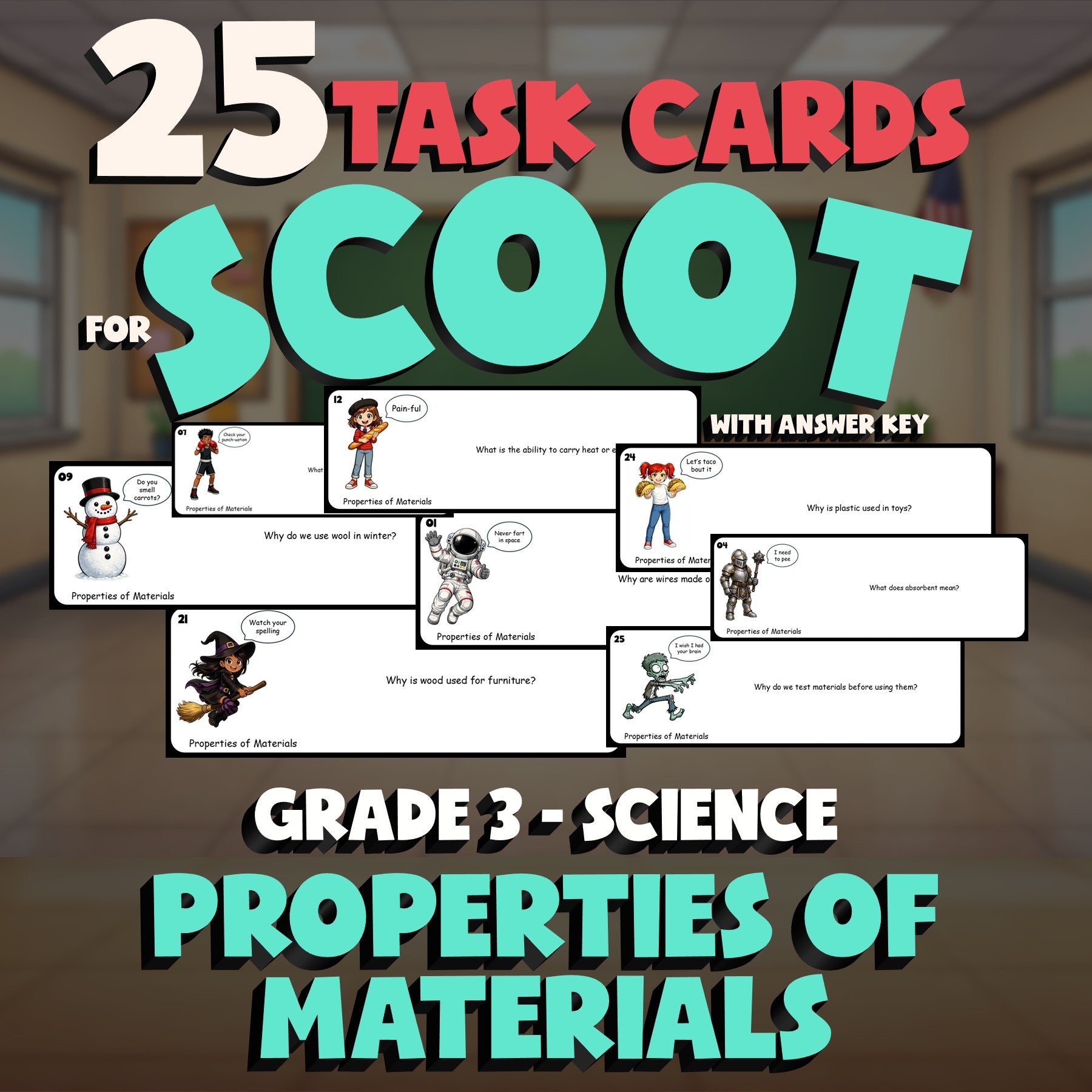 Properties of Materials SCOOT TASK CARDS Science Game - No Prep Grade 3 Review