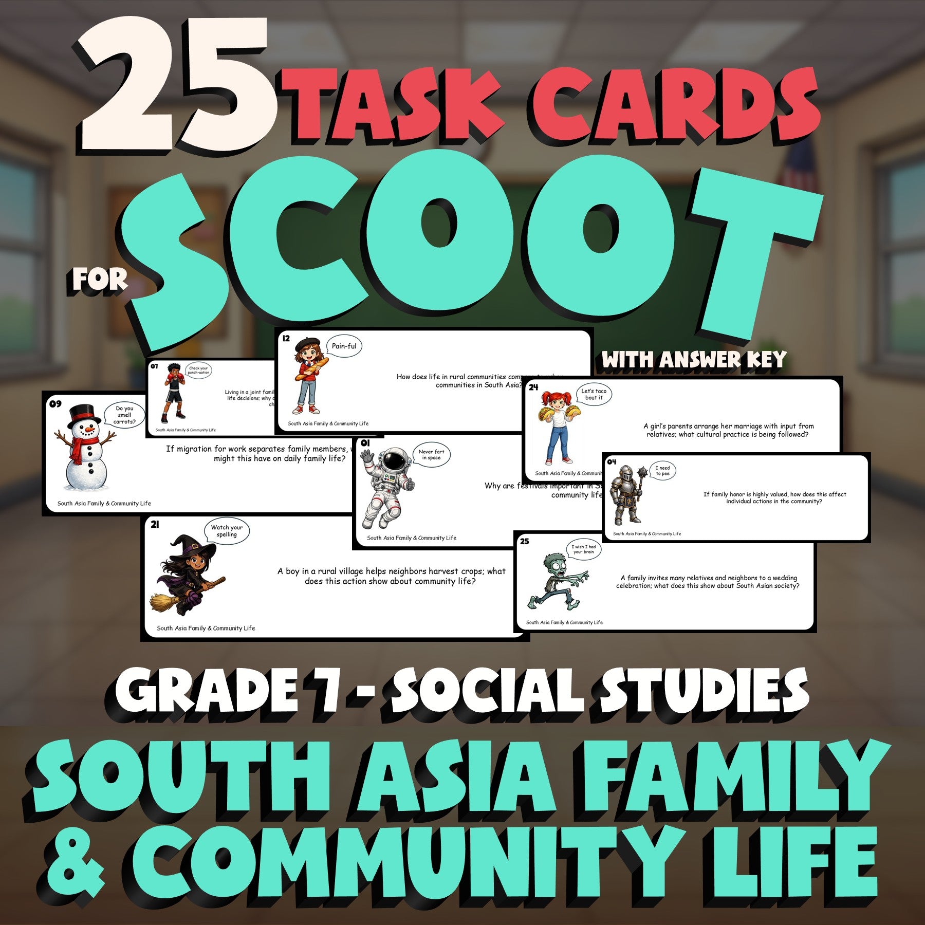 South Asia Family & Community Life SCOOT TASK CARDS Socials Game - Grade 7