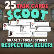 Respecting Beliefs SCOOT TASK CARDS Socials Game - No Prep Grade 3 Review