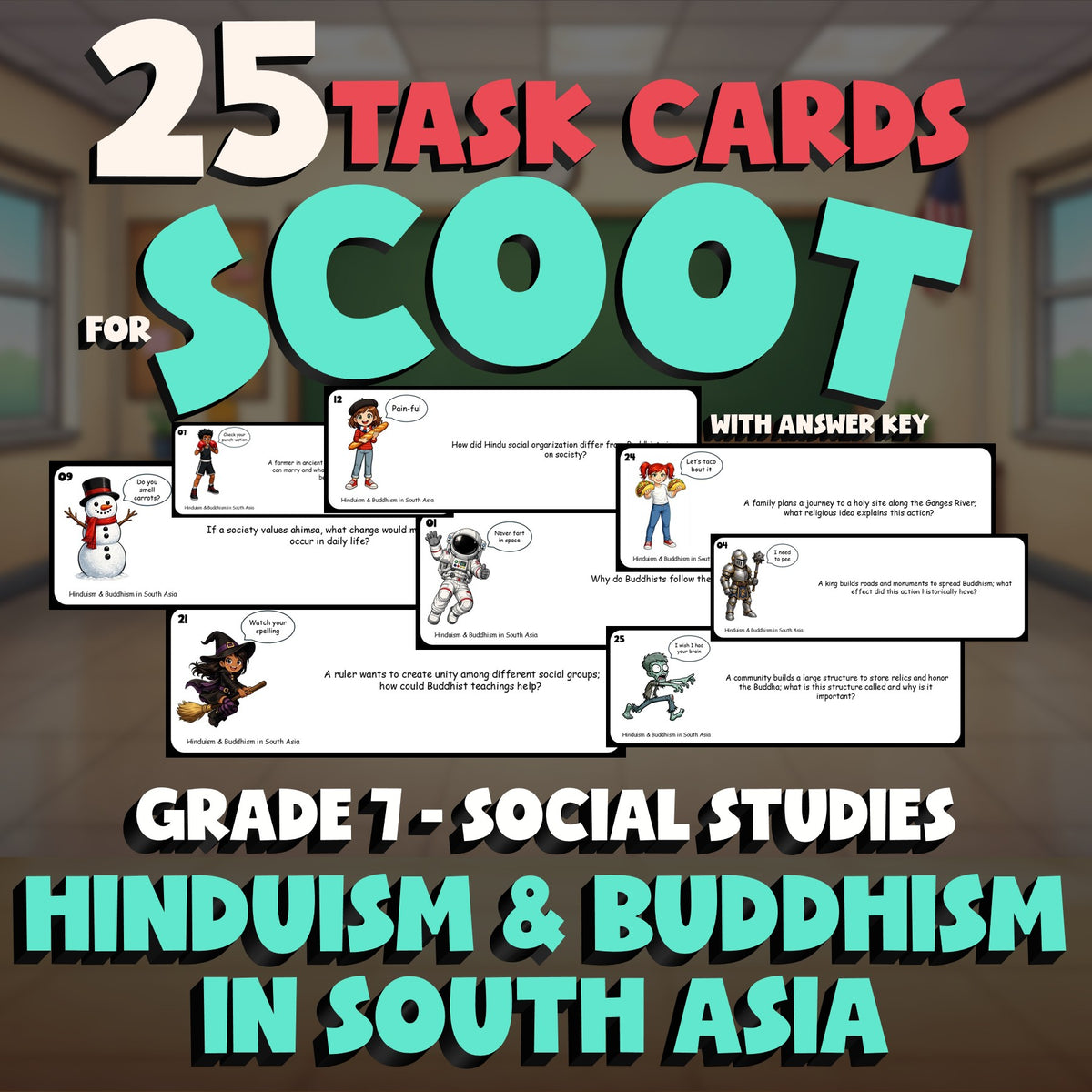Hinduism & Buddhism in South Asia SCOOT TASK CARDS Socials Game - Grade 7