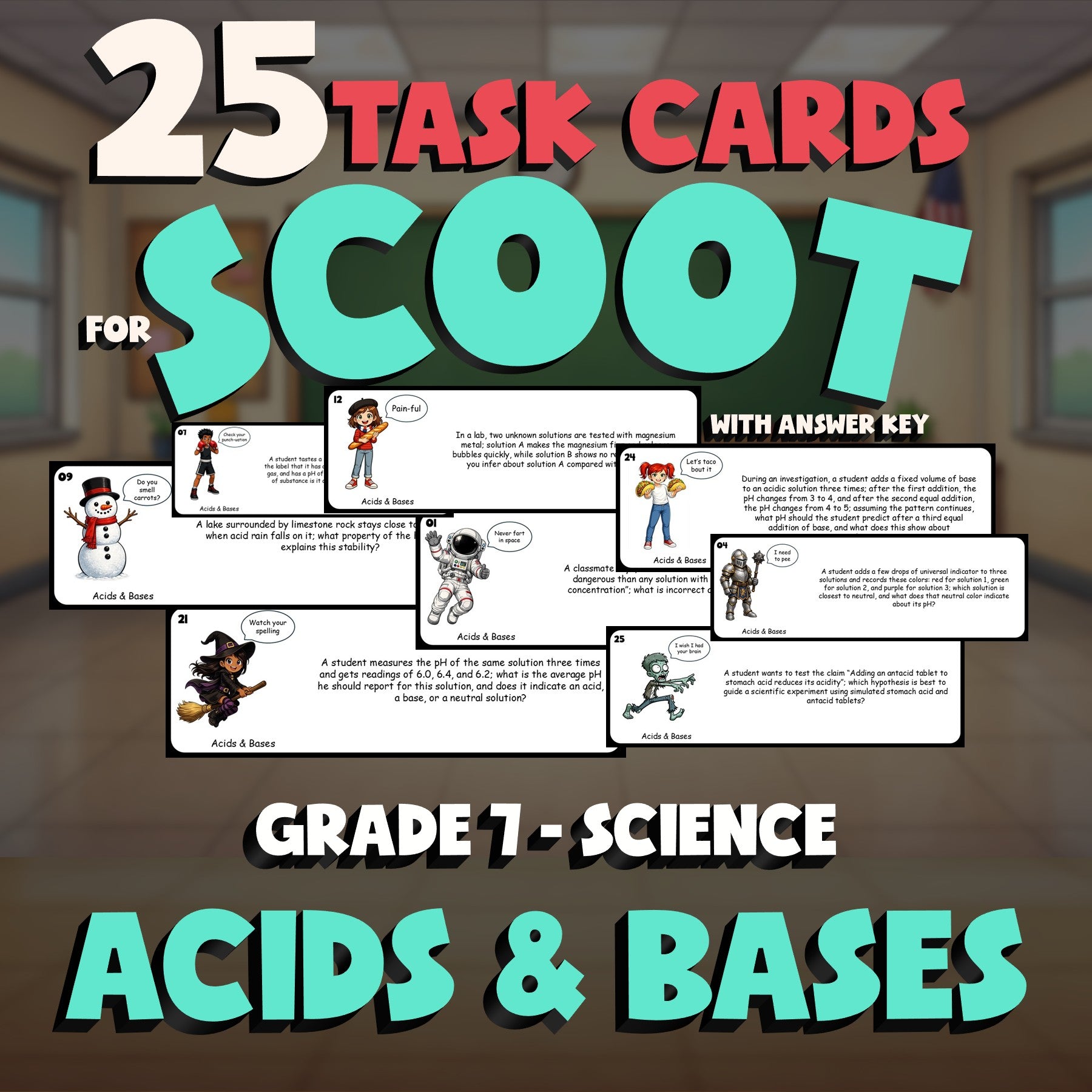 Acids & Bases SCOOT TASK CARDS Science Game - No Prep Grade 7 Review Activity