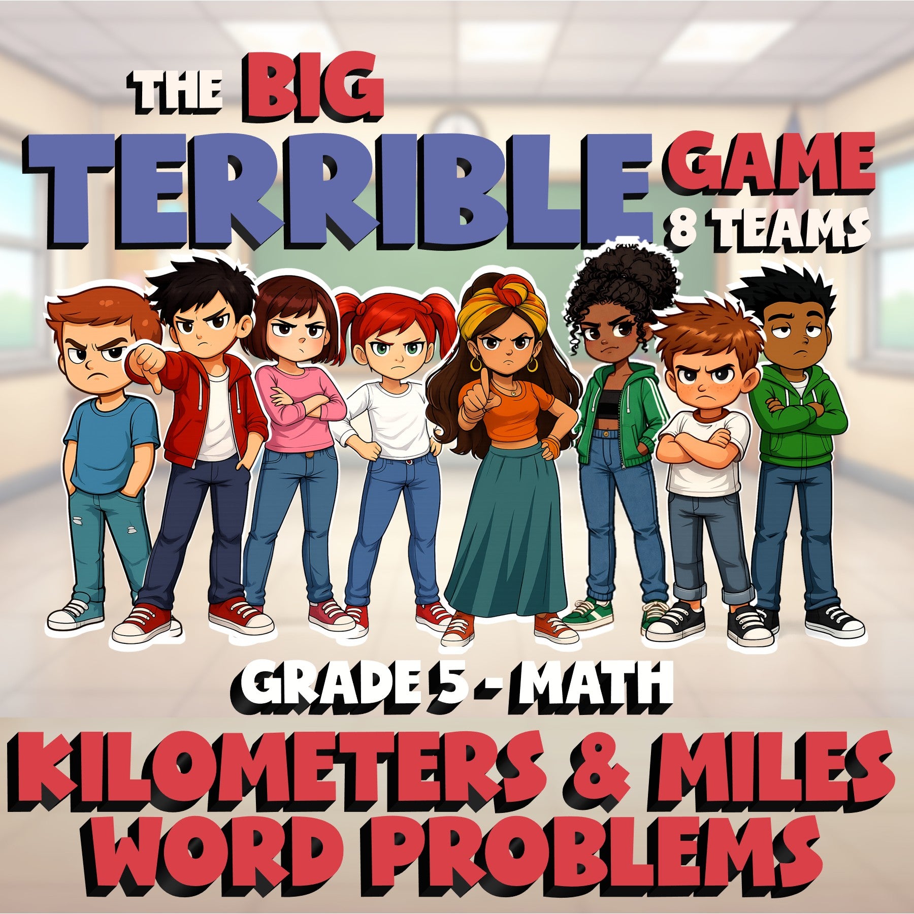 Kilometers & Miles Word Problems BIG TERRIBLE GAME - No Prep Grade 5 Math Review