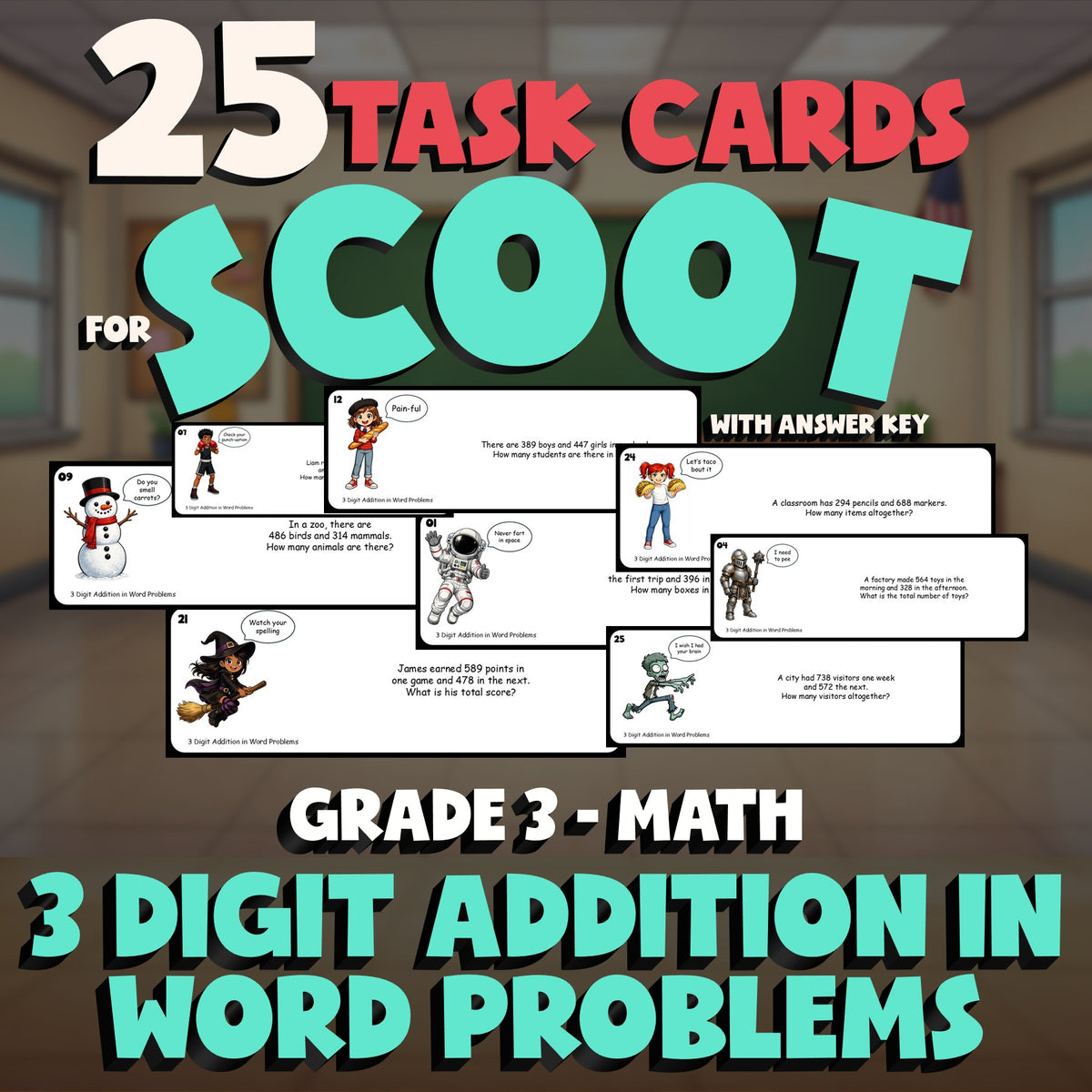 3 Digit Addition in Word Problems SCOOT TASK CARDS Math Game - No Prep Grade 3