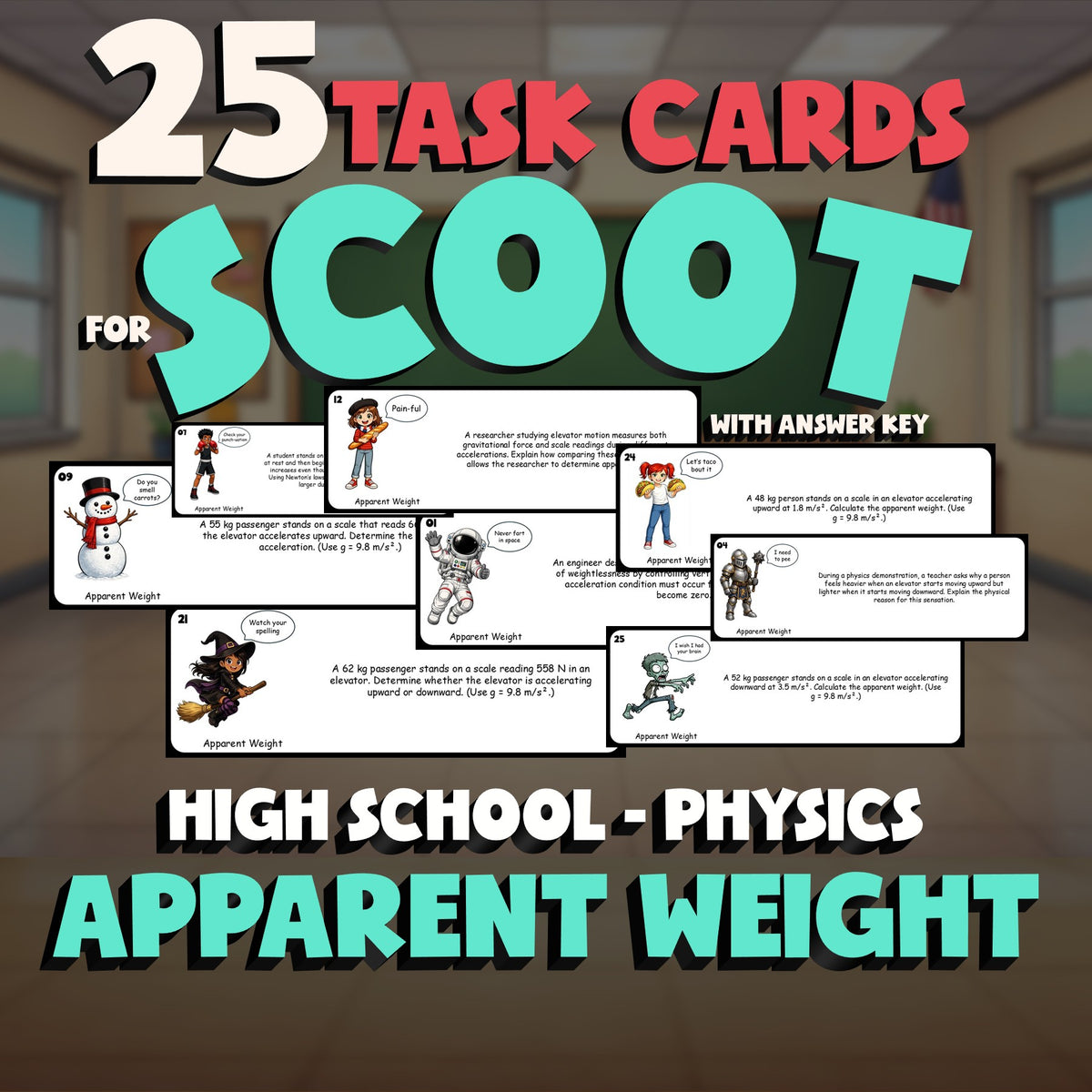 Apparent Weight SCOOT TASK CARDS Science Game - No Prep Physics Review Activity