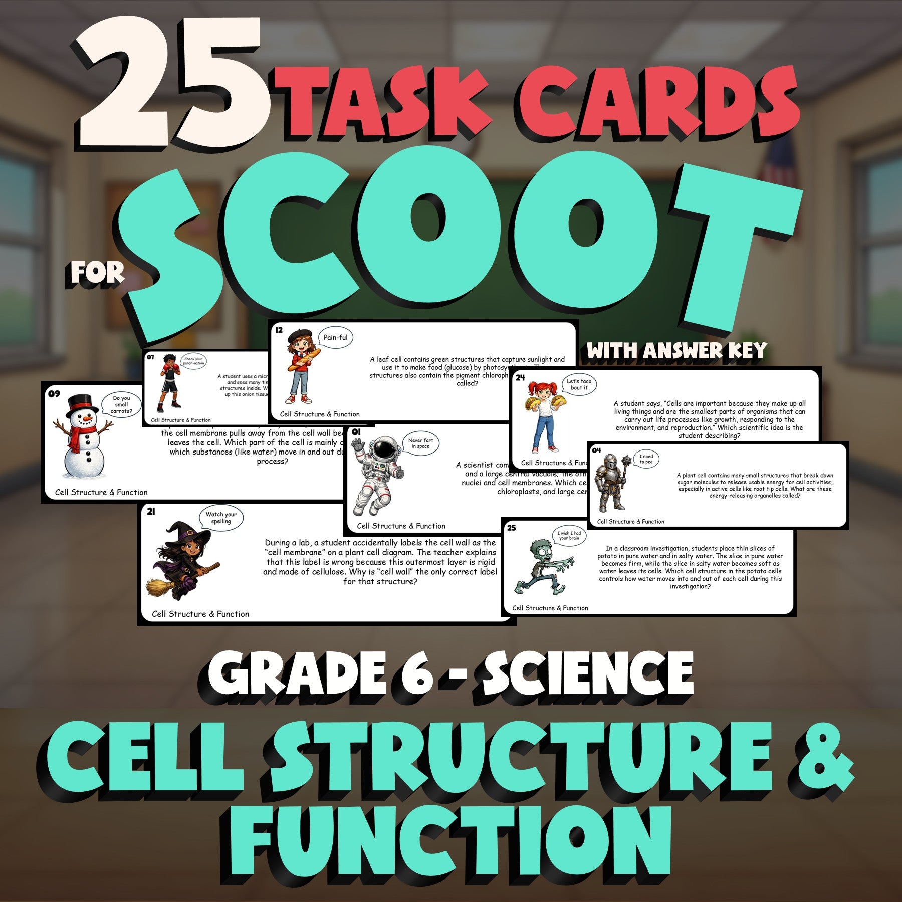 Cell Structure & Function SCOOT TASK CARDS Science Game - No Prep Grade 6 Review