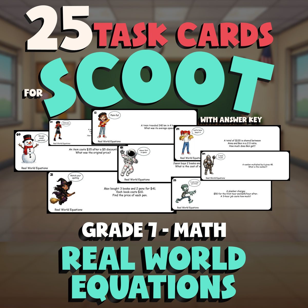 Real World Equations SCOOT TASK CARDS Math Game - No Prep Grade 7 Review