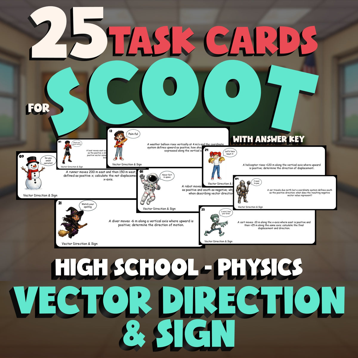 Vector Direction & Sign SCOOT TASK CARDS Science Game - No Prep Physics Review