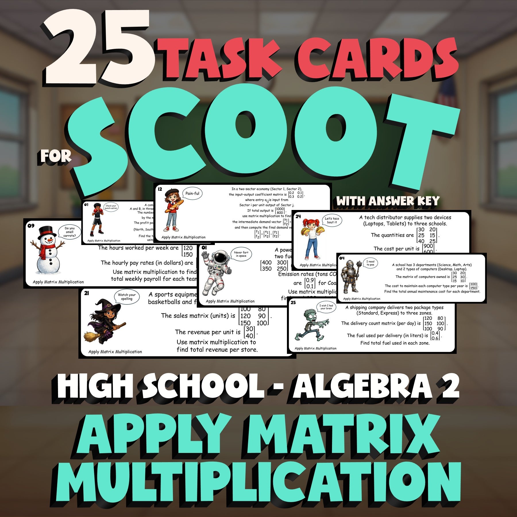 Apply Matrix Multiplication SCOOT TASK CARDS Math Game - No Prep Algebra 2
