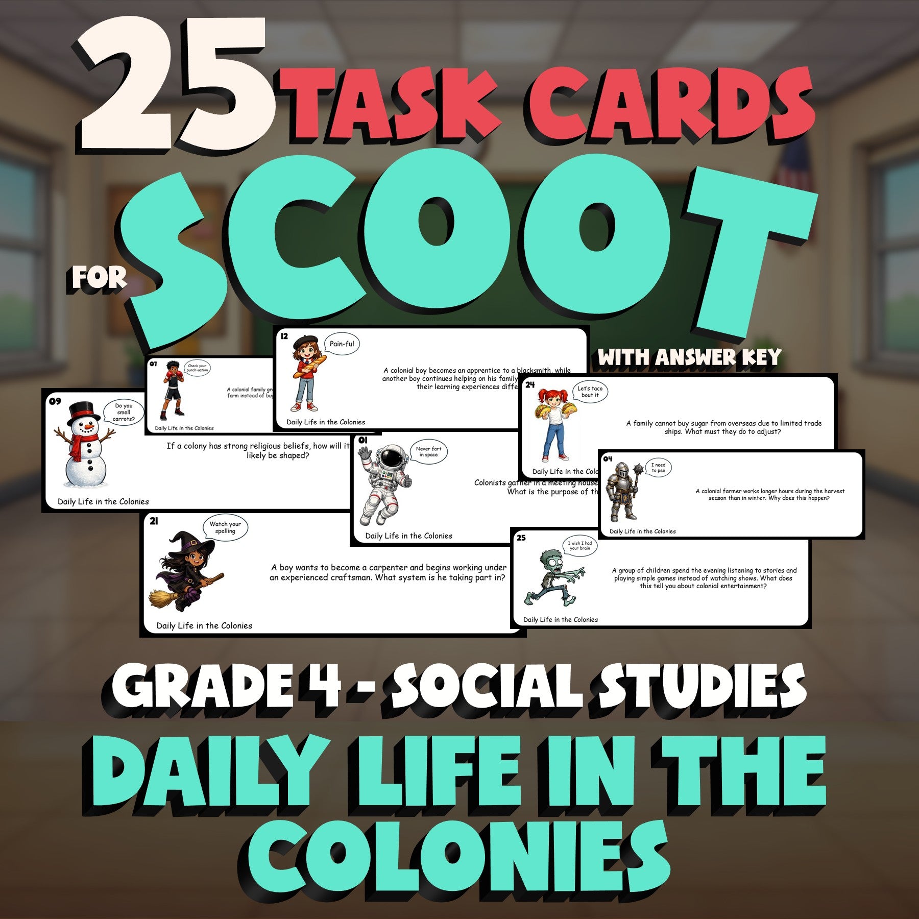 Daily Life in the Colonies SCOOT TASK CARDS Socials Game - No Prep Grade 4
