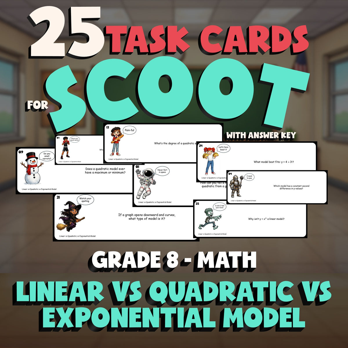 Linear vs Quadratic vs Exponential Model SCOOT TASK CARDS Math Game - Grade 8