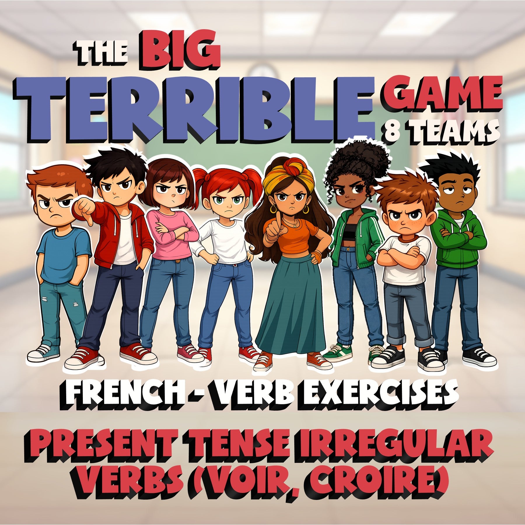 Present tense irregular verbs (voir, croire) BIG TERRIBLE GAME - French Exercise