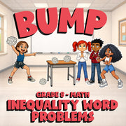 Inequality Word Problems BUMP Math Game - No Prep Grade 8 Review Activity