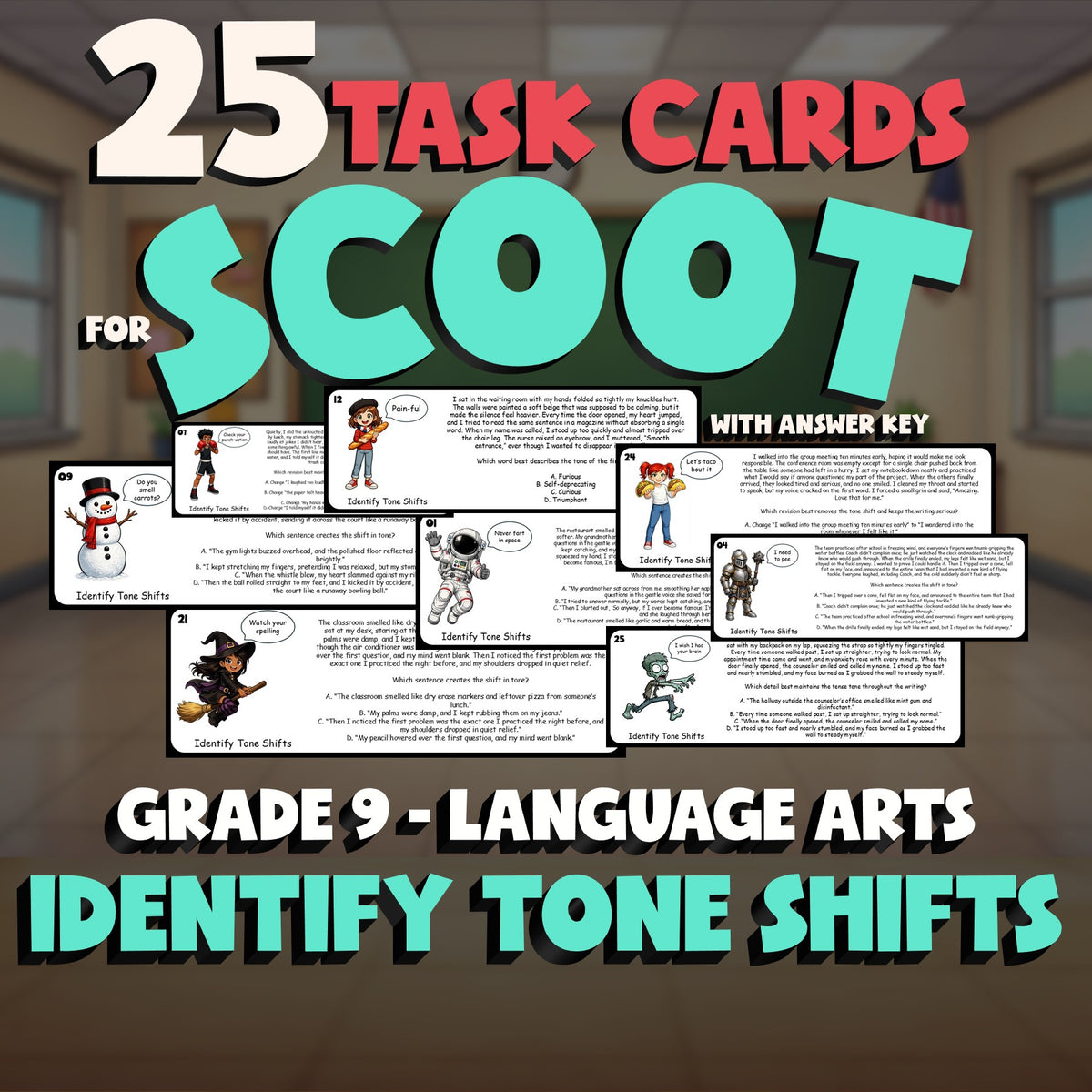 Identify Tone Shifts SCOOT TASK CARDS ELA Game - No Prep Grade 9 Review Activity