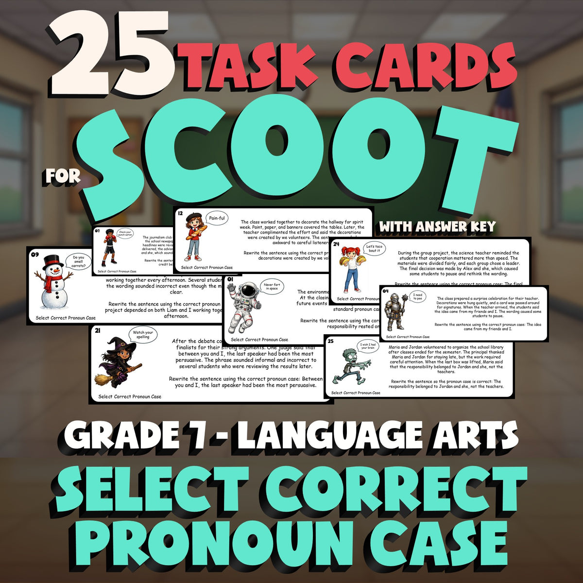 Select Correct Pronoun Case SCOOT TASK CARDS ELA Game - No Prep Grade 7 Review