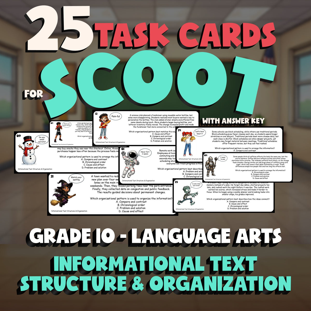 Informational Text Structure & Organization SCOOT TASK CARDS ELA Game - Grade 10
