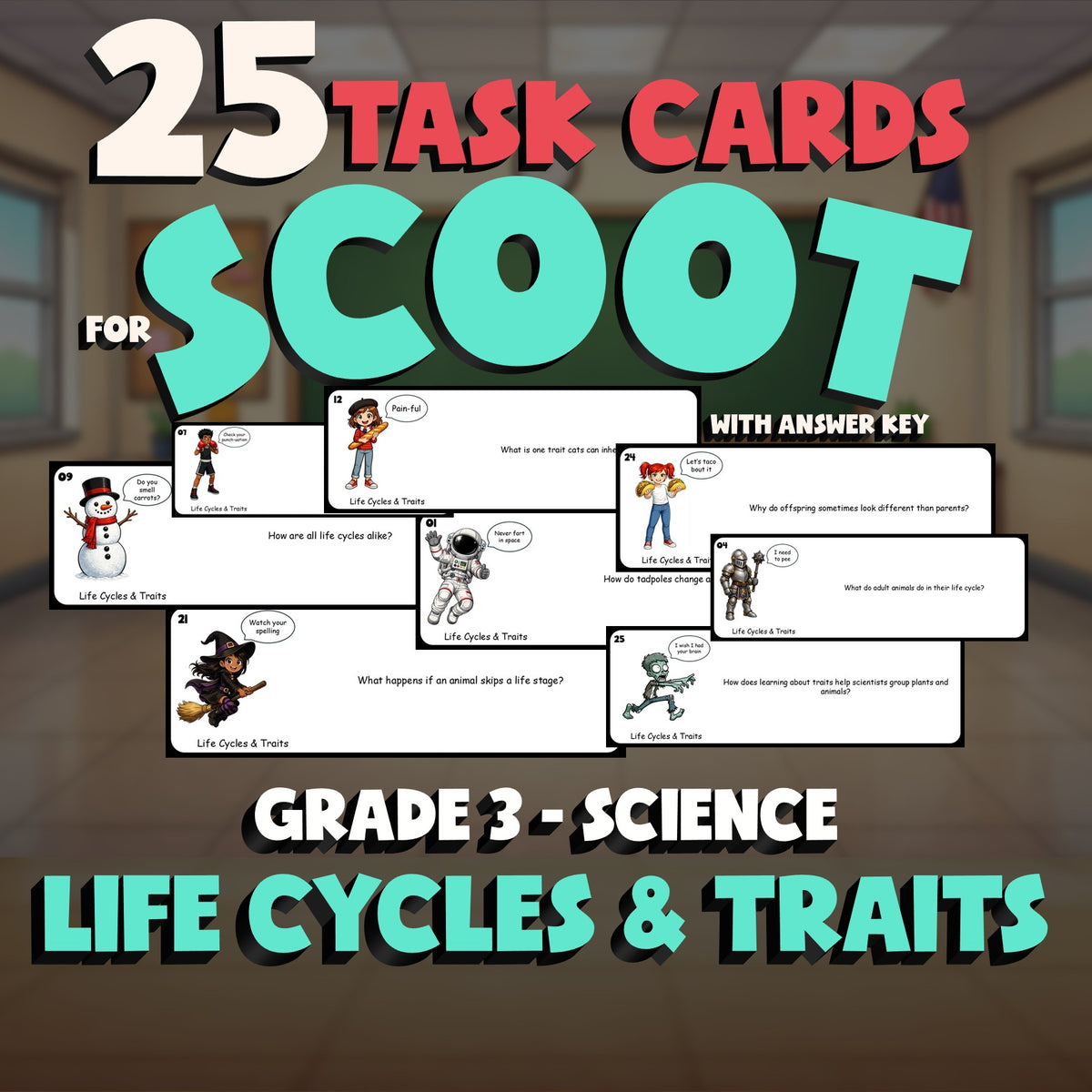 Life Cycles & Traits SCOOT TASK CARDS Science Game - No Prep Grade 3 Review