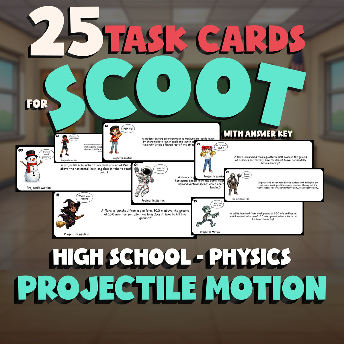 Projectile Motion SCOOT TASK CARDS Science Game - No Prep Physics Review