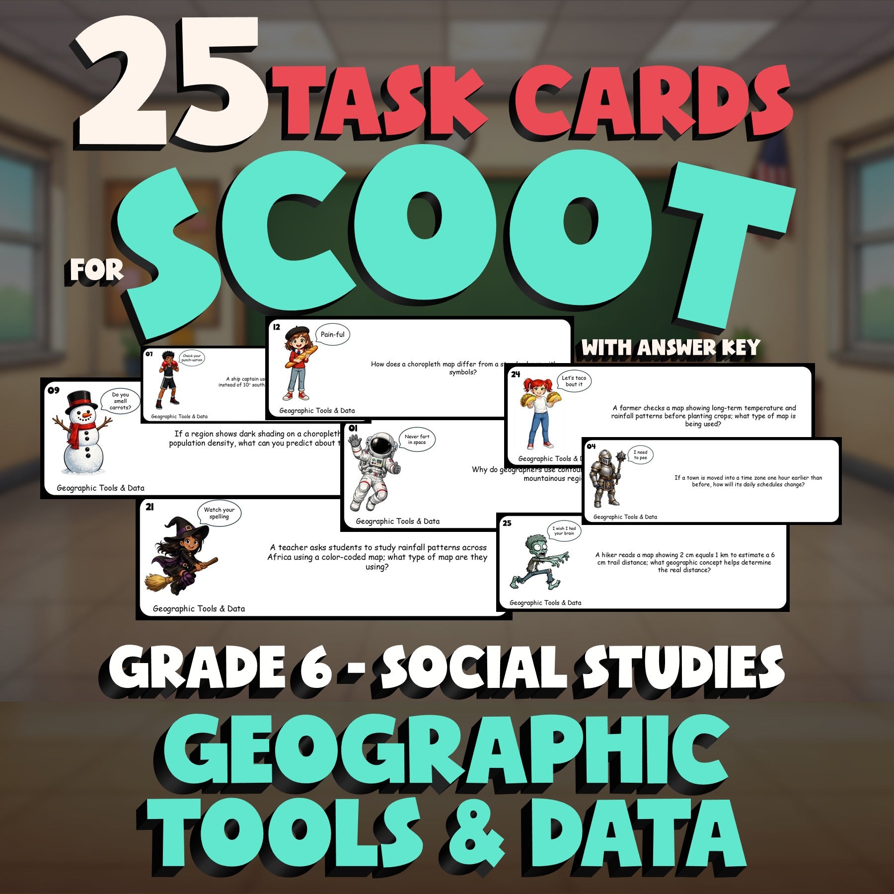 Geographic Tools & Data SCOOT TASK CARDS Socials Game - No Prep Grade 6 Review