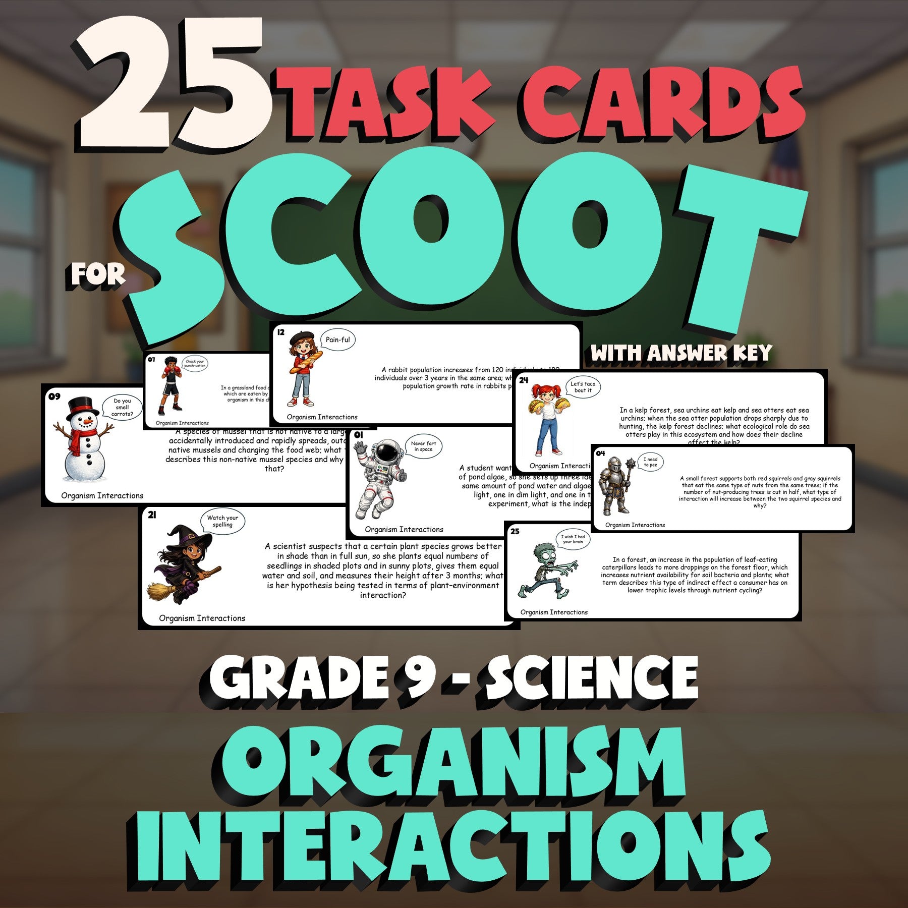 Organism Interactions SCOOT TASK CARDS Science Game - No Prep Grade 9 Review