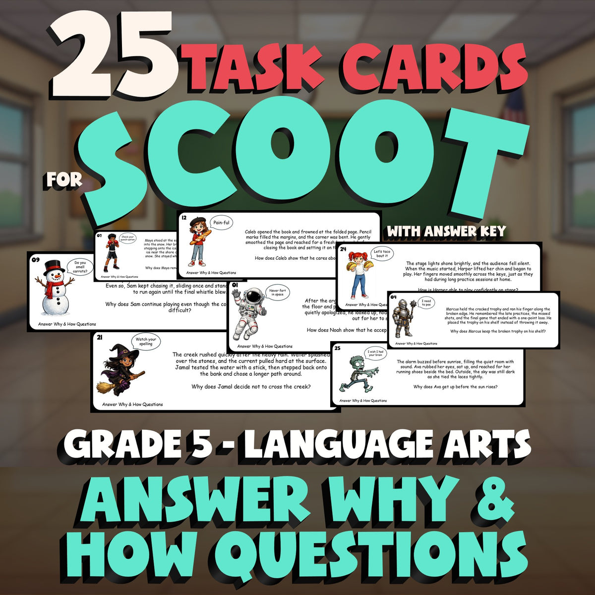 Answer Why & How Questions SCOOT TASK CARDS ELA Game - No Prep Grade 5 Review
