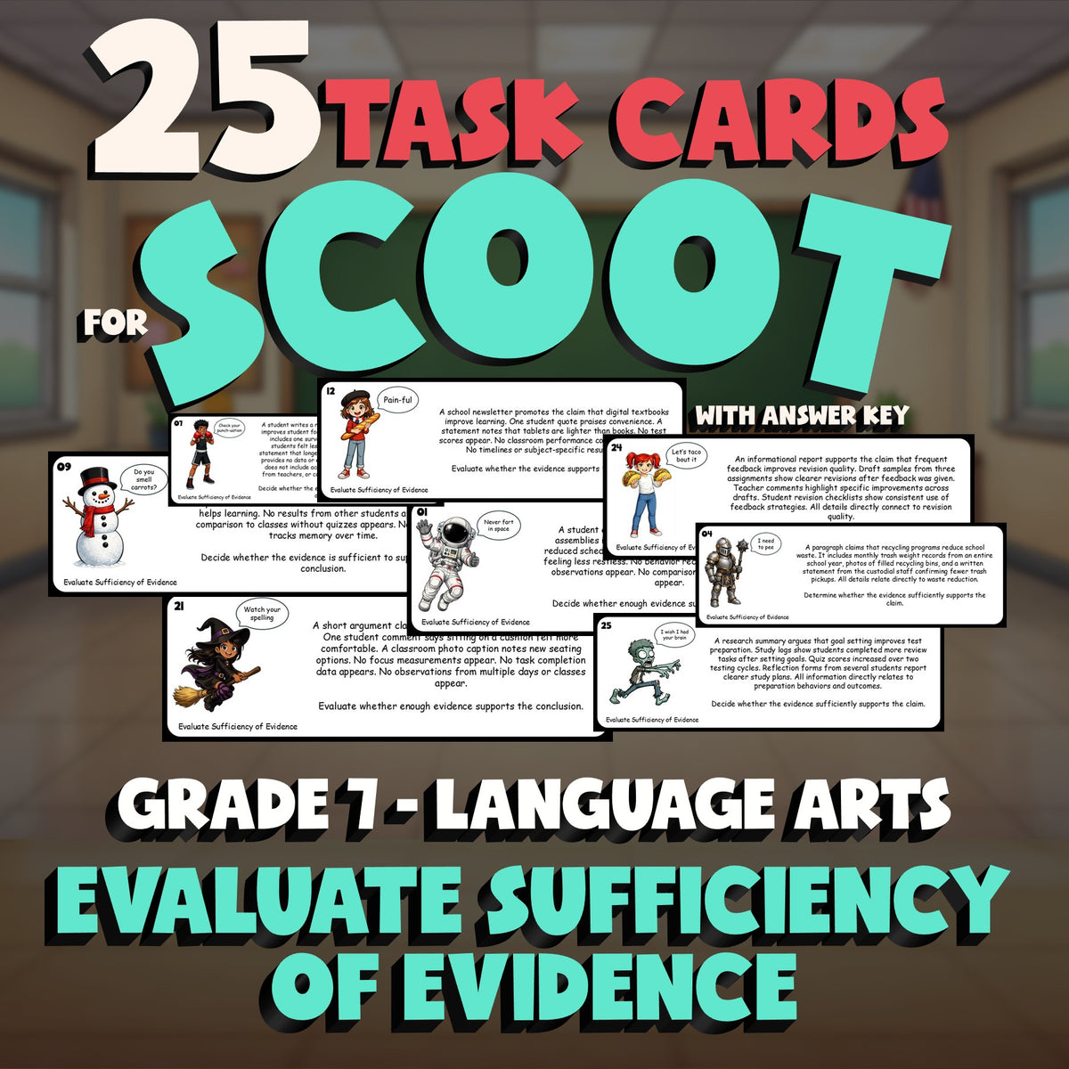 Evaluate Sufficiency of Evidence SCOOT TASK CARDS ELA Game - No Prep Grade 7