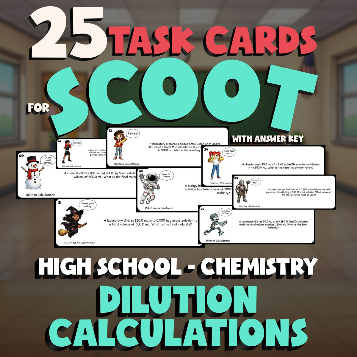 Dilution Calculations SCOOT TASK CARDS Science Game - No Prep Chemistry Review
