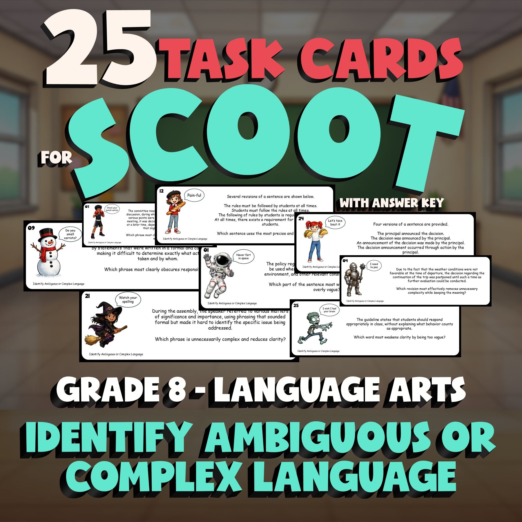 Identify Ambiguous or Complex Language SCOOT TASK CARDS ELA Game - Grade 8