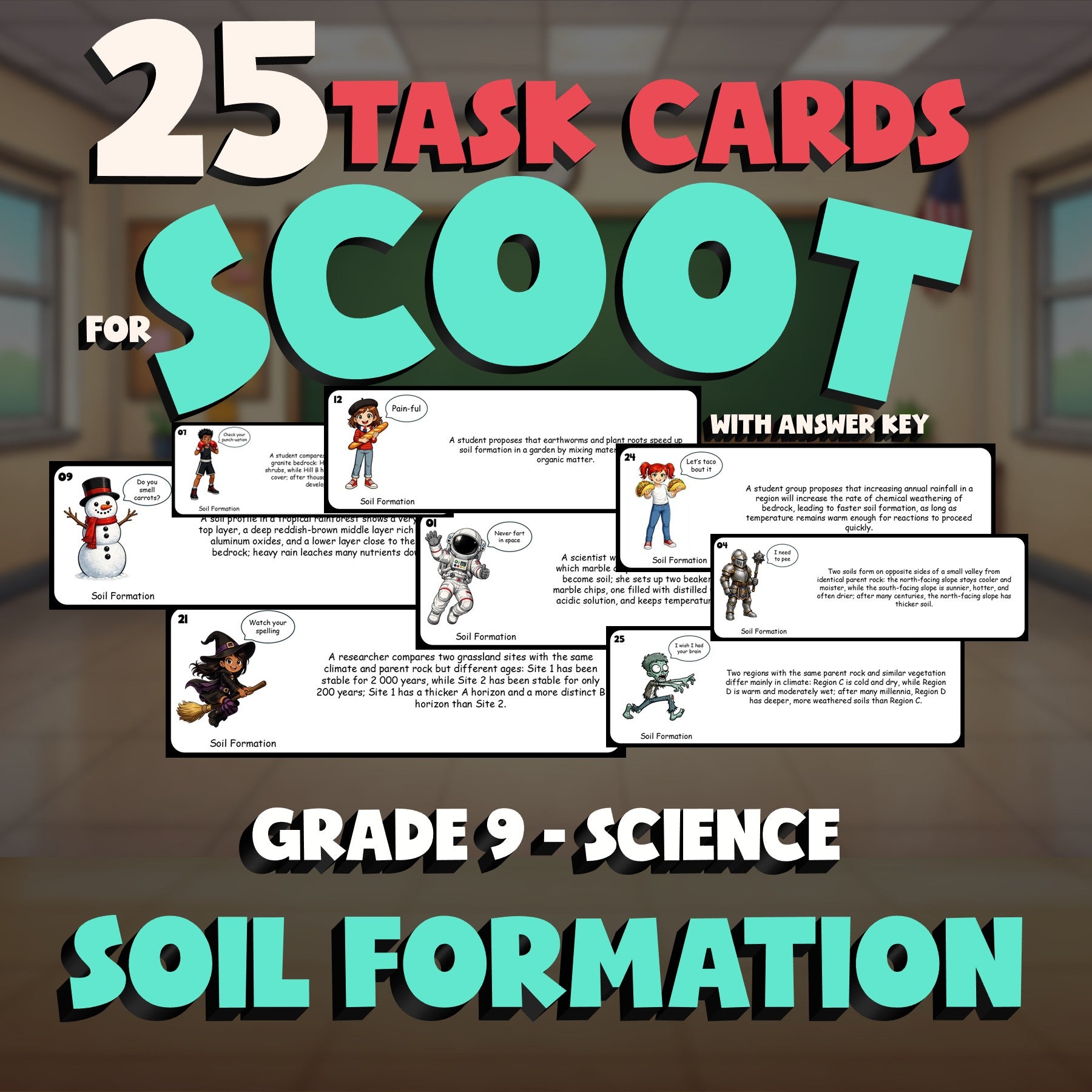 Soil Formation SCOOT TASK CARDS Science Game - No Prep Grade 9 Review Activity