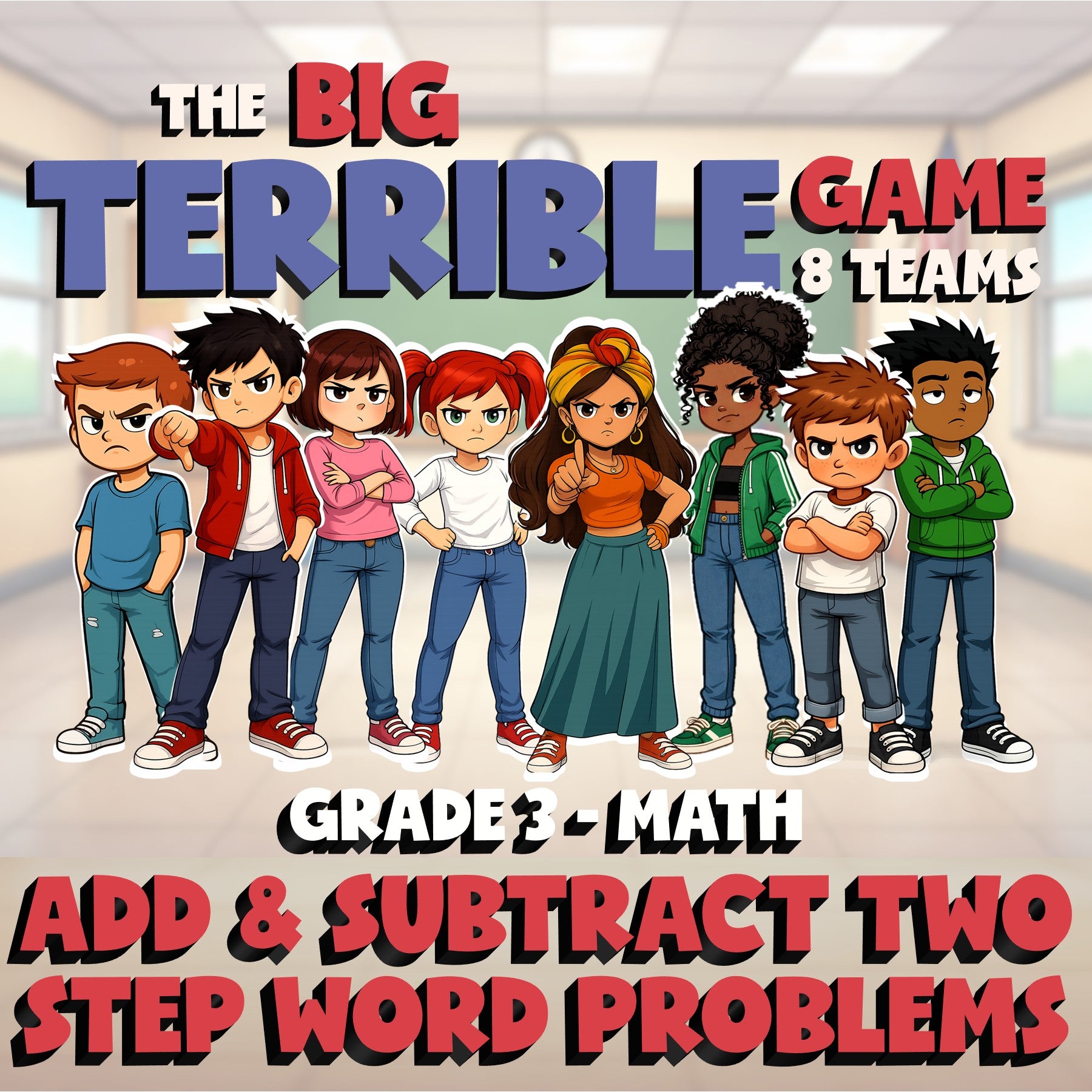 Add & Subtract Two Step Word Problems BIG TERRIBLE GAME - Grade 3 Math Review