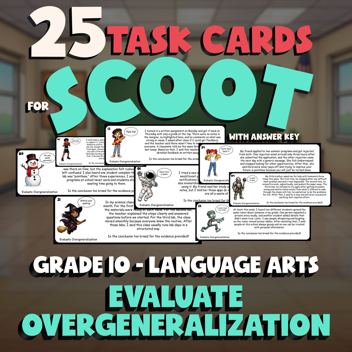 Evaluate Overgeneralization SCOOT TASK CARDS ELA Game - No Prep Grade 10 Review