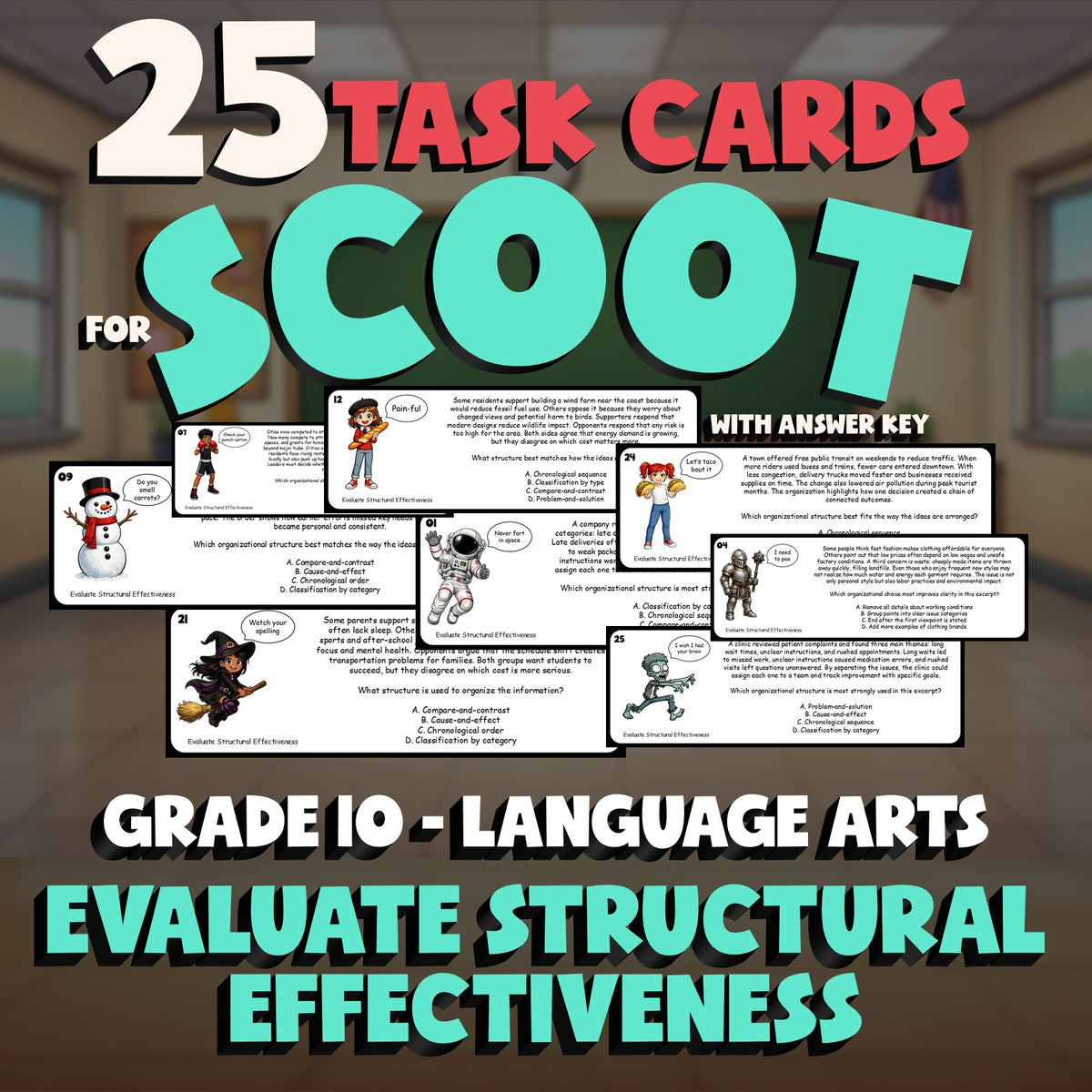 Evaluate Structural Effectiveness SCOOT TASK CARDS ELA Game - No Prep Grade 10