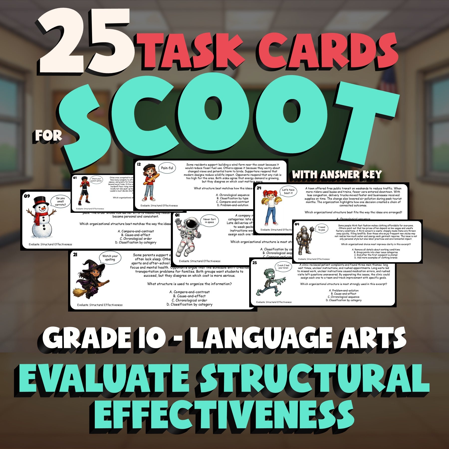 Evaluate Structural Effectiveness SCOOT TASK CARDS ELA Game - No Prep Grade 10