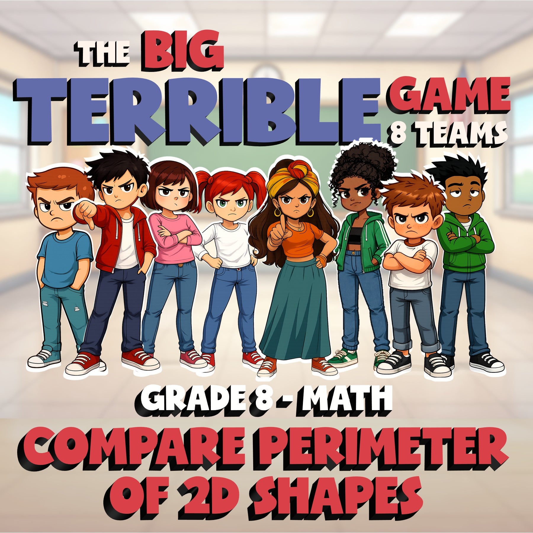 Compare Perimeter of 2D Shapes BIG TERRIBLE GAME - No Prep Grade 8 Math Review