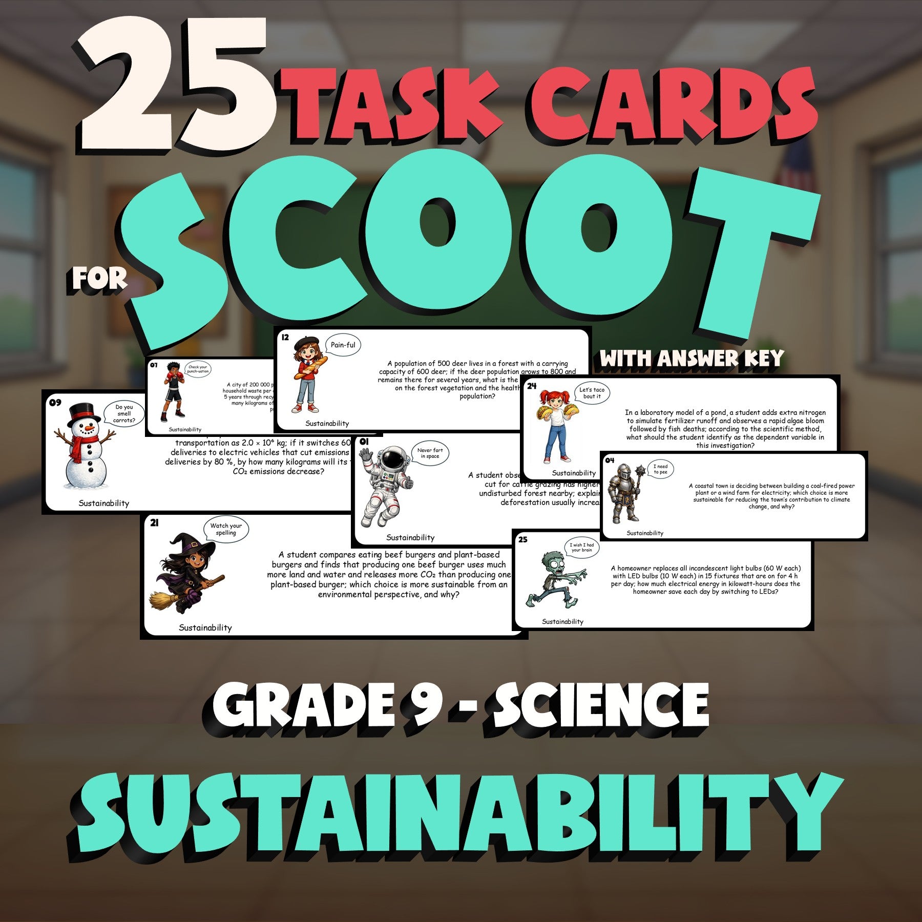 Sustainability SCOOT TASK CARDS Science Game - No Prep Grade 9 Review Activity